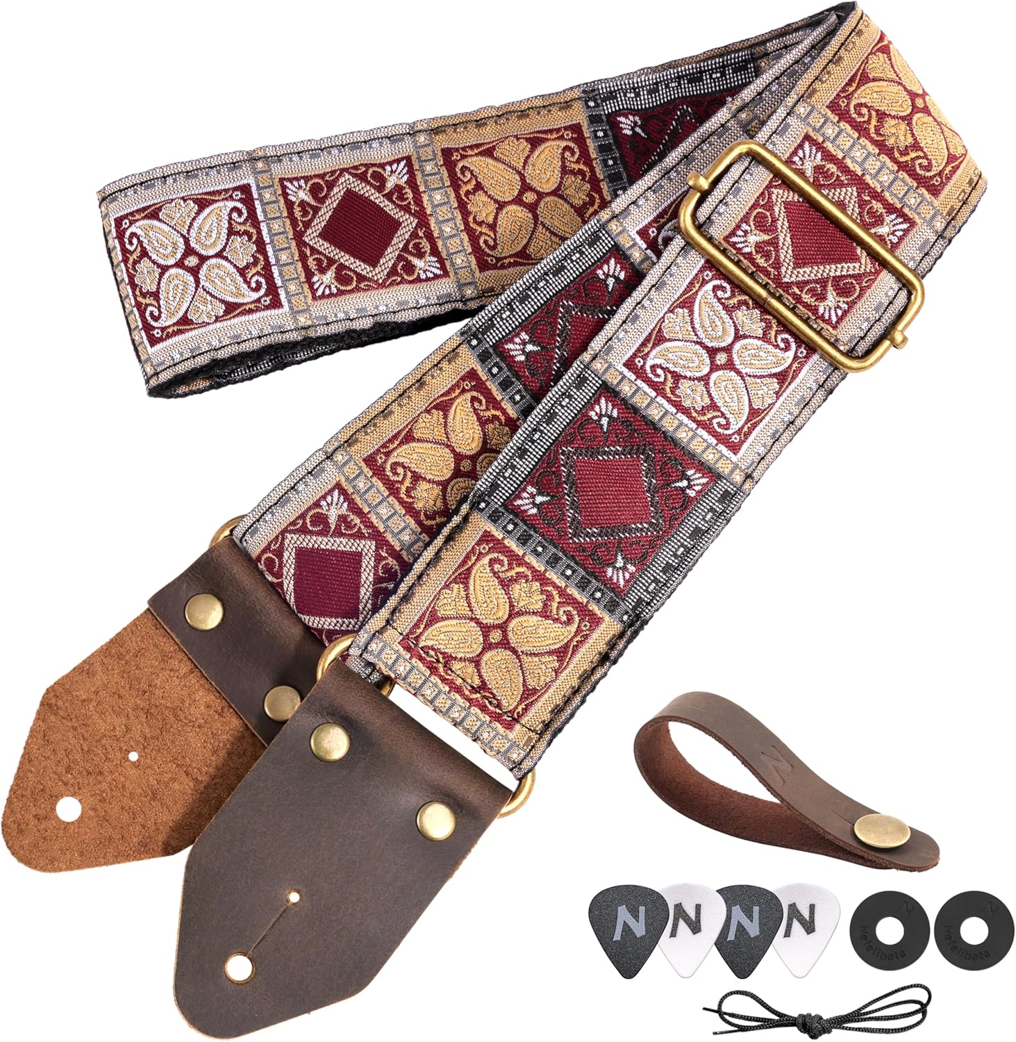 Nefelibata Guitar Strap,Crazy Horse Leather Jacquard Embroidery Cotton Guitar Straps for Bass, Electric & Acoustic, Best Gifts for Guitarists(Bohemian Red Square)