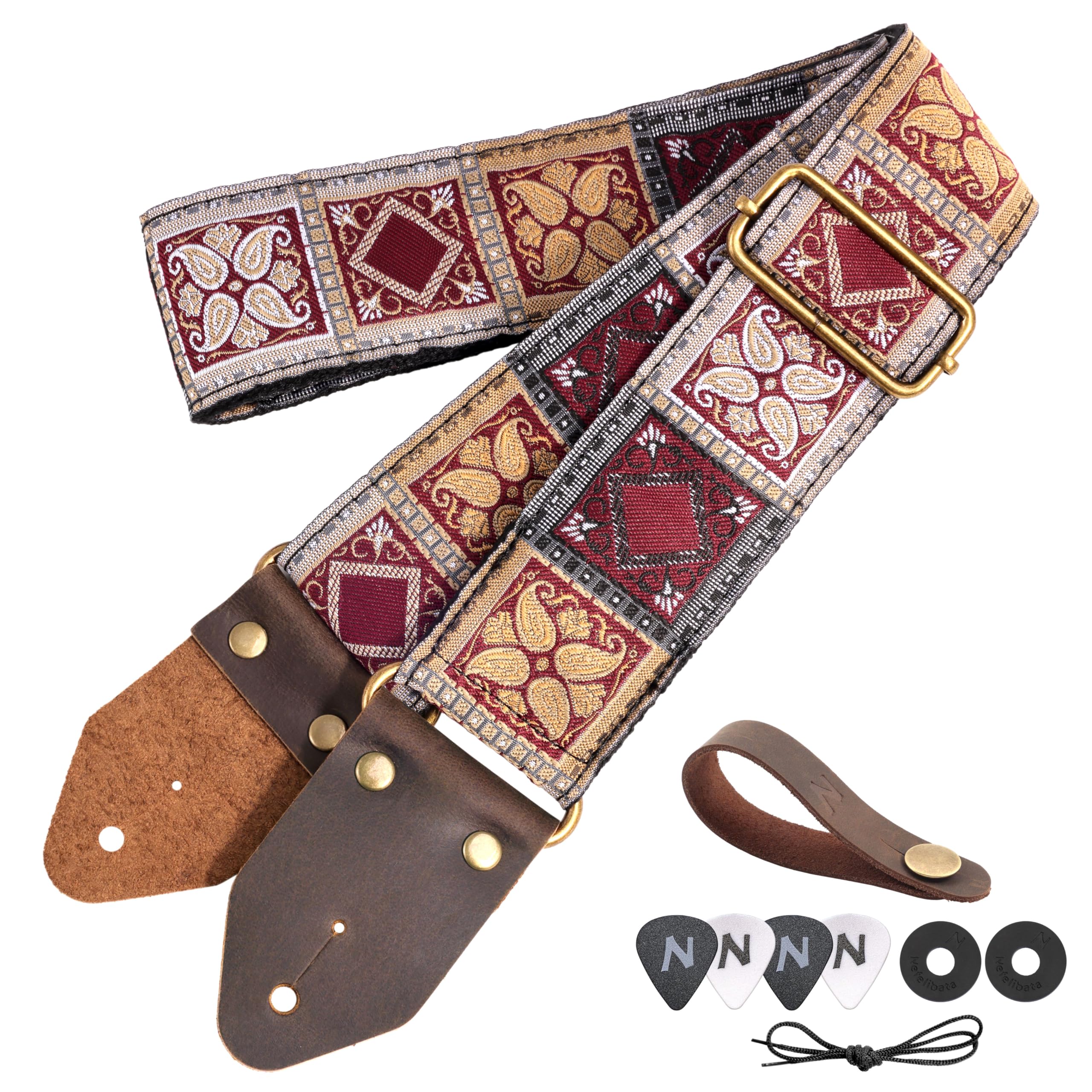 Nefelibata Gitarrengurt, Jacquard-Stickerei Baumwolle Gitarrengurte mit Crazy Horse Leder Enden für Bass, elektrische & akustische,Geschenke für Kinder, Gitarristen
