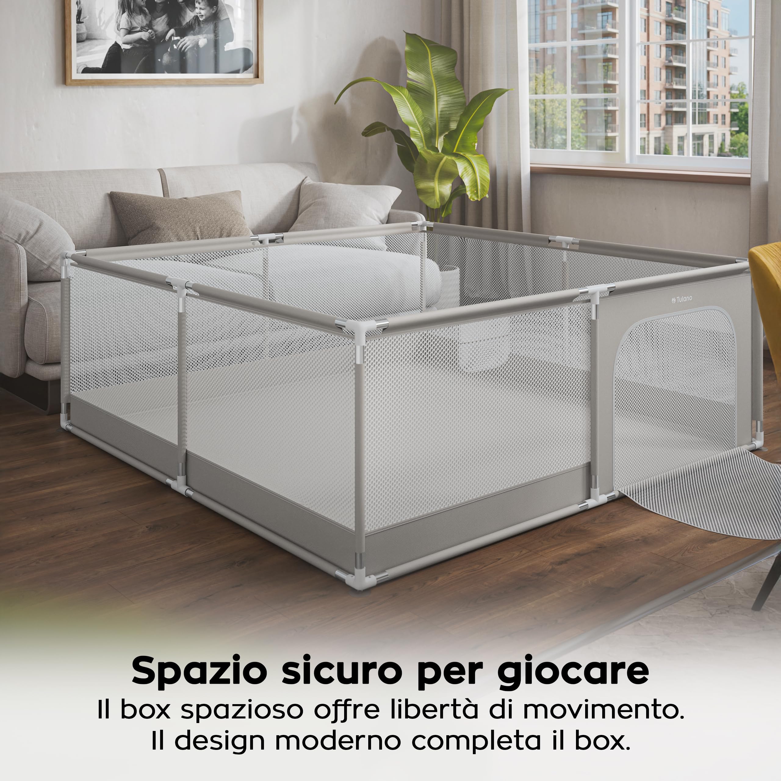 Tulano Cozy 28 Box per Bambini 180x200 cm - da 6 a 36 mesi – Recinto Neonato con Fondo – Struttura in Metallo – Rete Traspirante – Porta con Cerniera – Borsa Inclusa – Casa e Giardino – Grigio