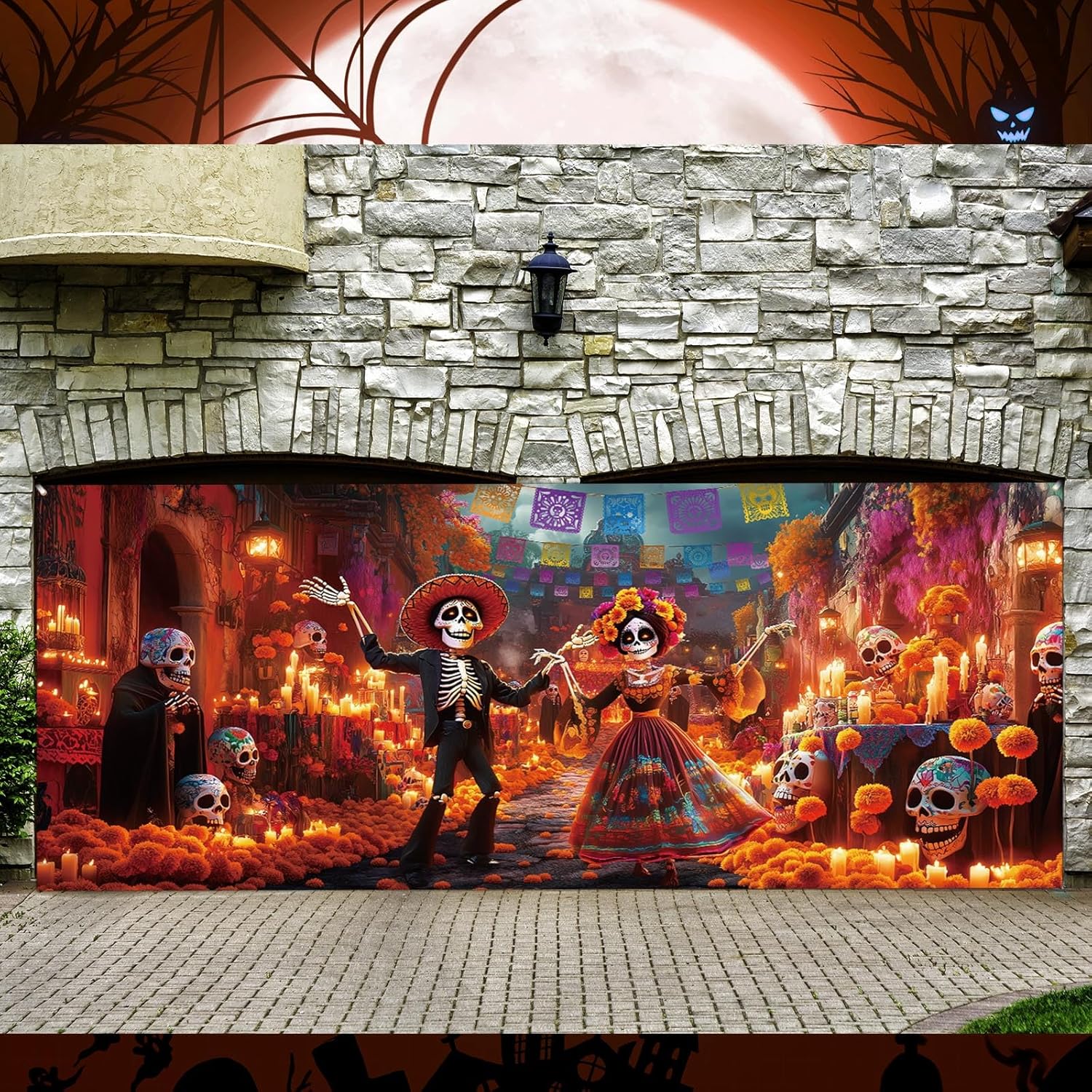 Mindsoft 7 x 16 ft Halloween Day of the Dead Backdrop Garage Door Banner Dia De Los Muertos Decorations Mexican Fiesta Sugar Skull Door Banner for Photography Background Holiday Party Decorations