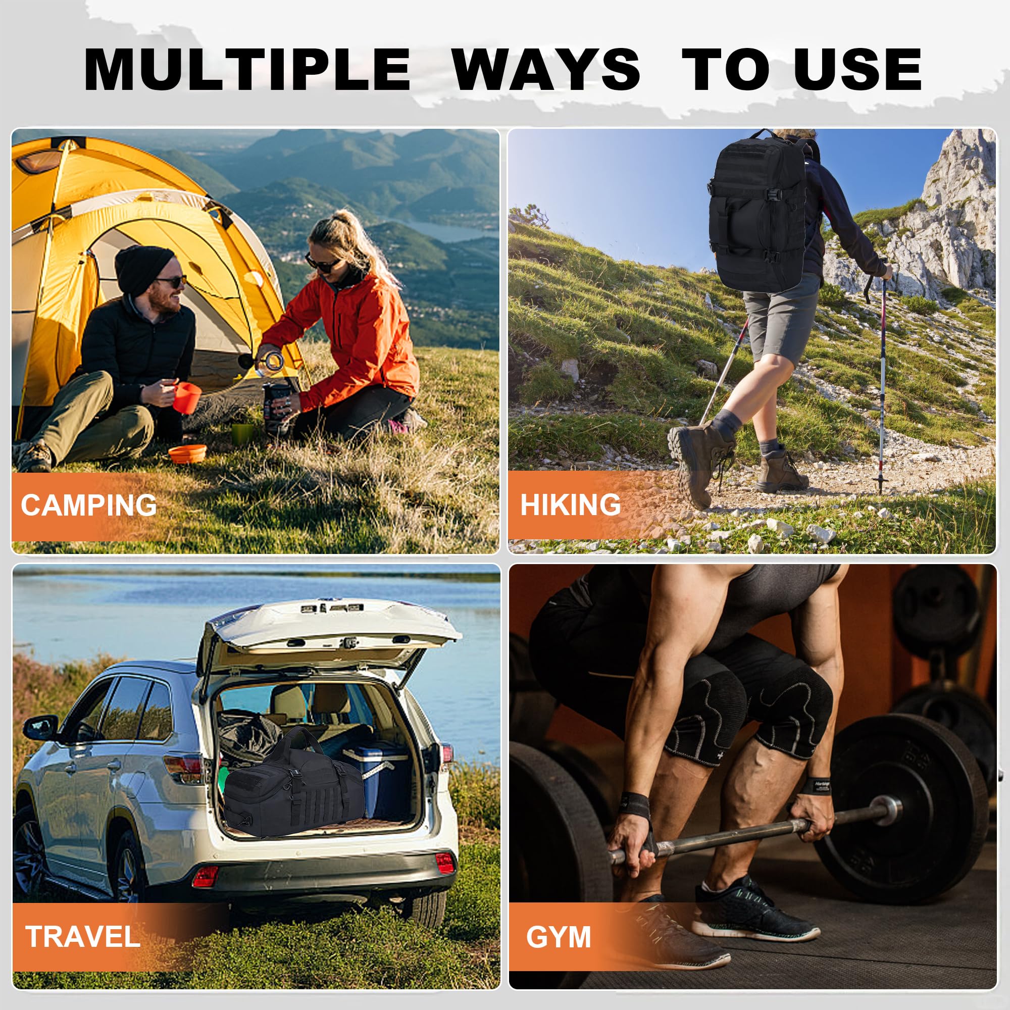 Zaino tattico 3 in 1 da palestra, borsa sportiva da viaggio per la notte, nero, 80L, Borsone | Funziona come borsa da gamma o zaino da moto, ideale per palestra, viaggi, campeggio, caccia e organizzazione degli attrezzi