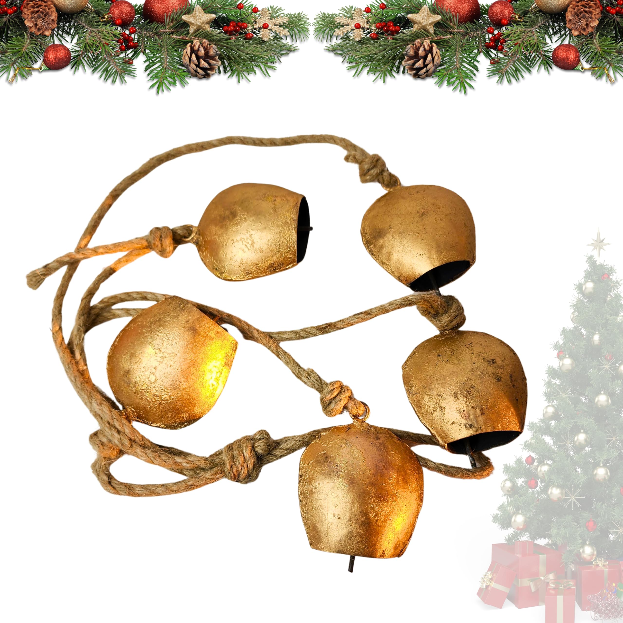 BELLUXE Harmony 5 Cow Bells Cluster on Rope - Large Rustic Vintage Lucky Cow Bells On Rope Wall Hanging Decor