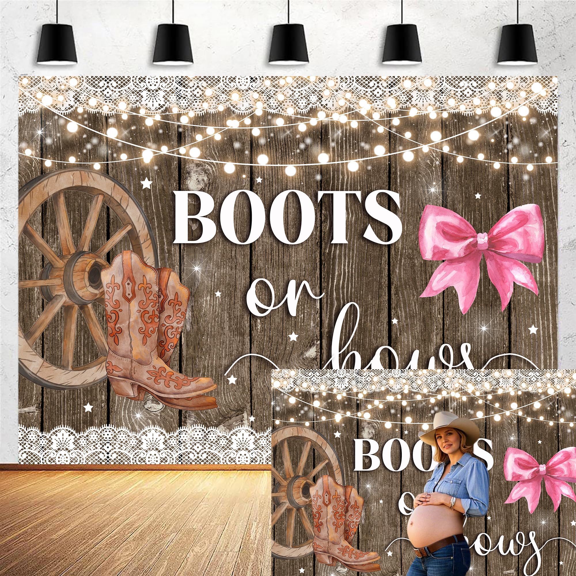 10x8ft Boots or Bows Gender Reveal Backdrop Boy or Girl Baby Shower Party Decorations Western Rustic Wood Brown Cowboy Boots Pink Bows Photography