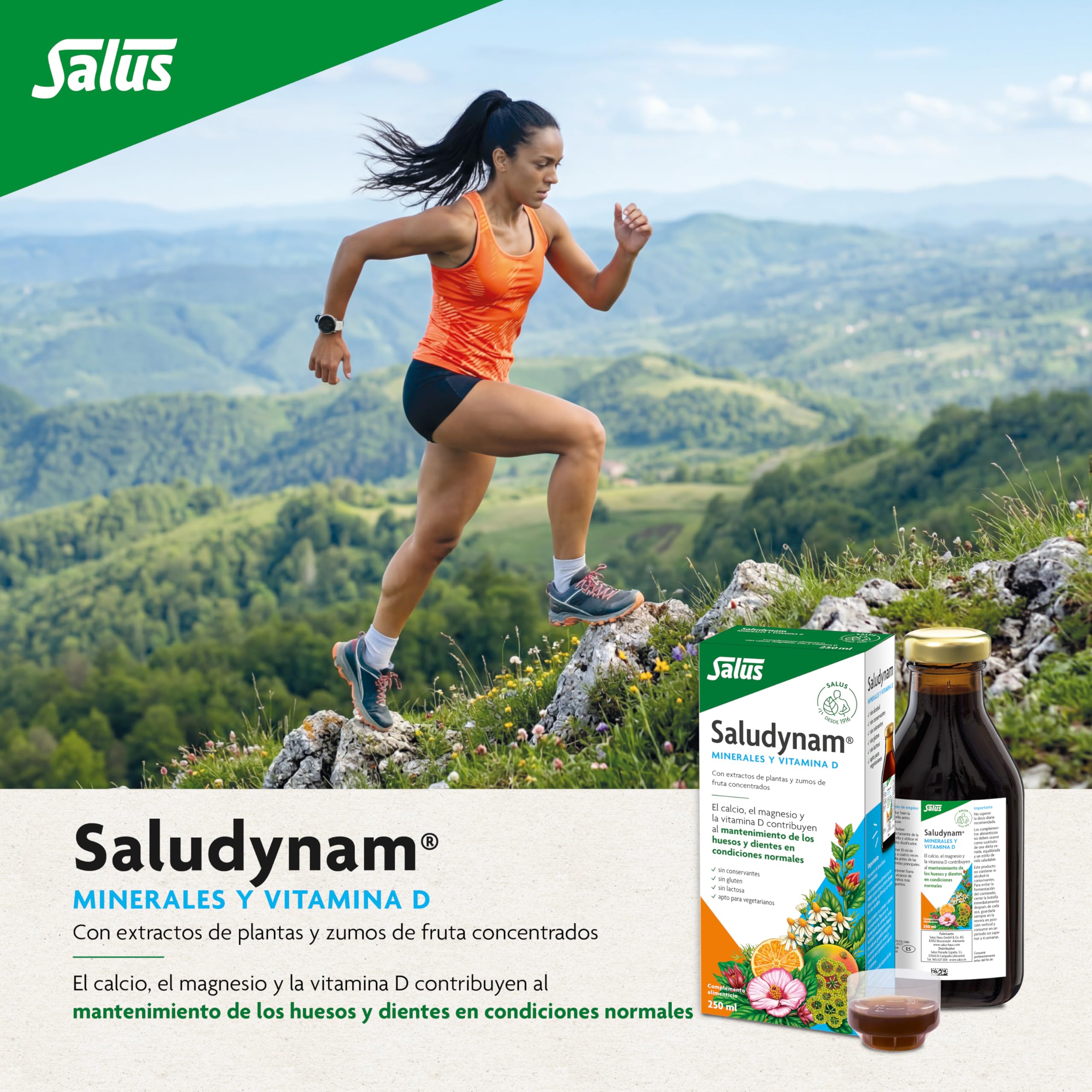 Salus - Saludynam Complemento Alimenticio - 250 ml - Contribuye al Mantenimiento de Huesos y Dientes - Contiene Calcio, Magnesio, Zinc, Vitamina D, Extractos Herbales y Zumos de Frutas (Paquete de 4)