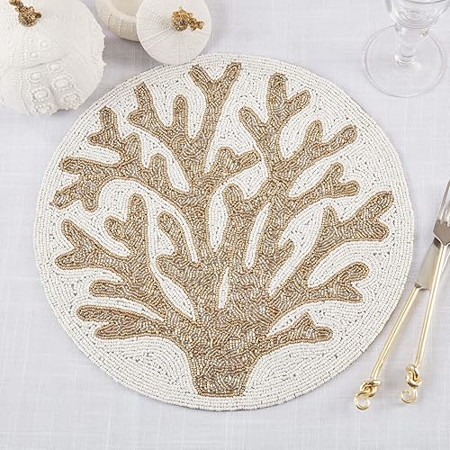 Fennco Style - Mantel individual costero con cuentas de estrella de mar de 15 pulgadas, redondo, 1 pieza, tapete de mesa Aqua Sea Life para