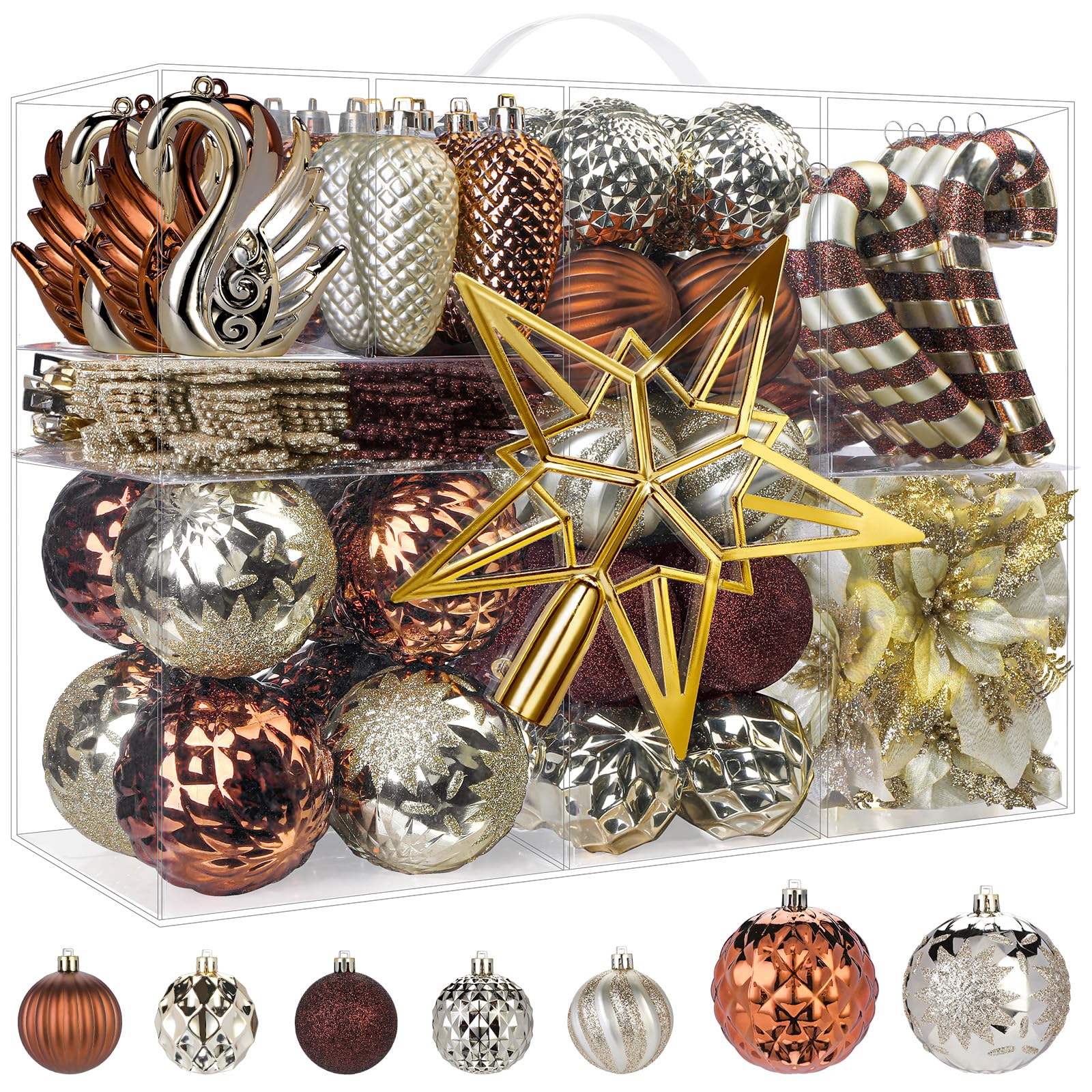 Alupssuc 128 Teiliges Weihnachtskugel-Ornament-Set, Bruchsichere Christbaumschmuckkugeln, Weihnachtsblumen, Bänder, Baumspitze für Weihnachtsbaum, Feiertage, Hochzeitsfeiern mit Haken, Braun & Gold