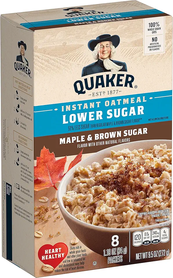 Quaker Lower Sugar Instant Oatmeal, Maple Brown Sugar, 1.19oz Packets, 8 Count (Pack of 1)