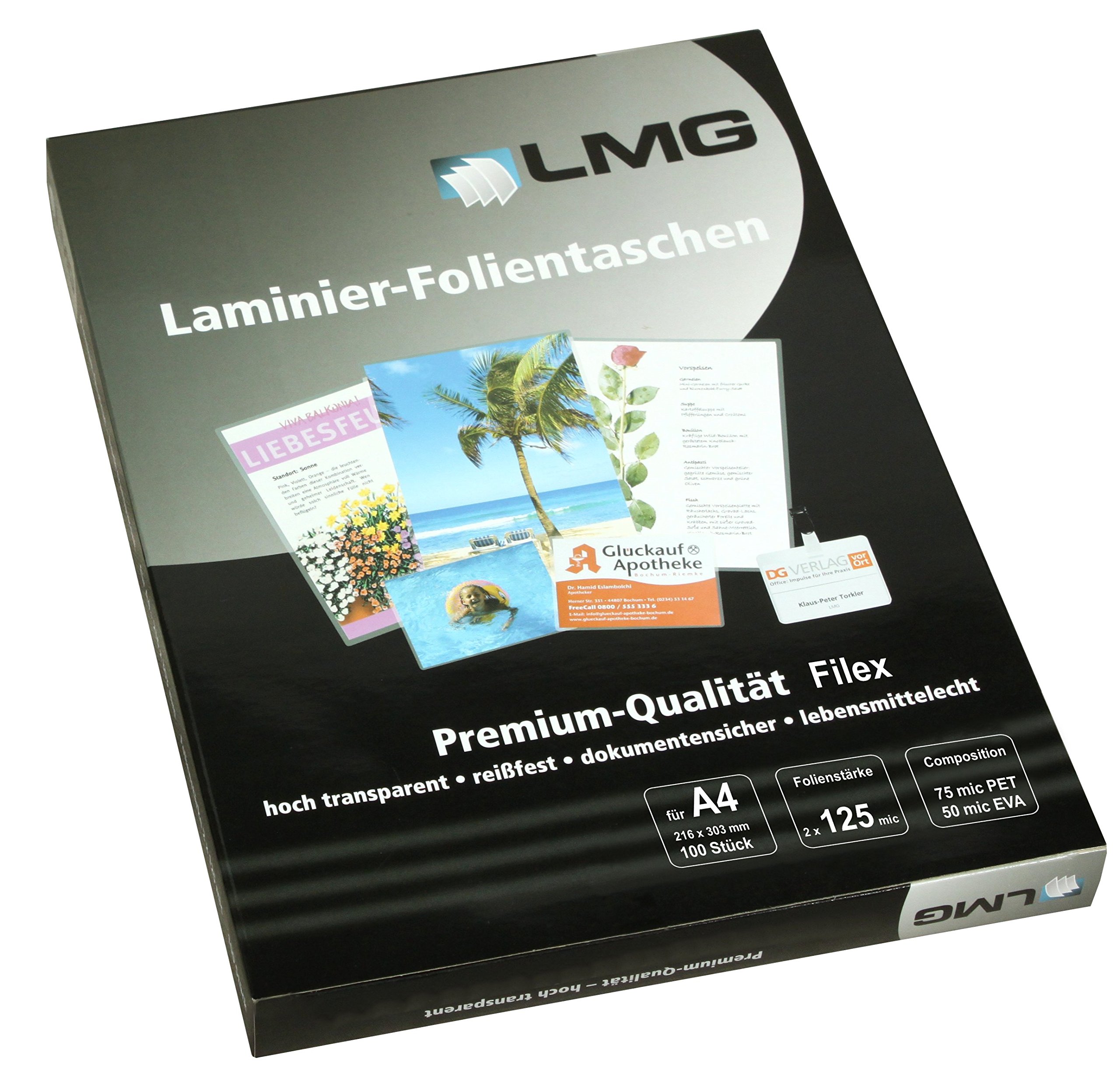 LMG LMGA4-125L folia do laminowania A4, 228 x 303 mm, 2 x 125 mic do zszywania z 4 otworami do przechowywania, 100 sztuk