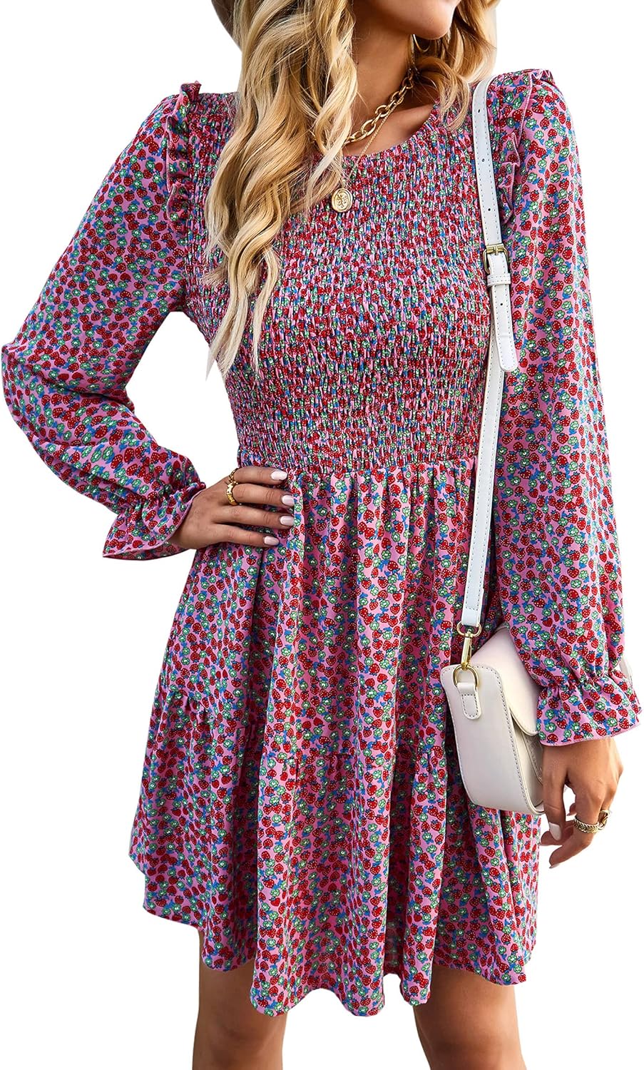 KIRUNDO Long Sleeve Dress for Women 2025 Summer Fall Wedding Guest Smocked Floral Crewneck Ruffle A Line Flowy Mini Dress