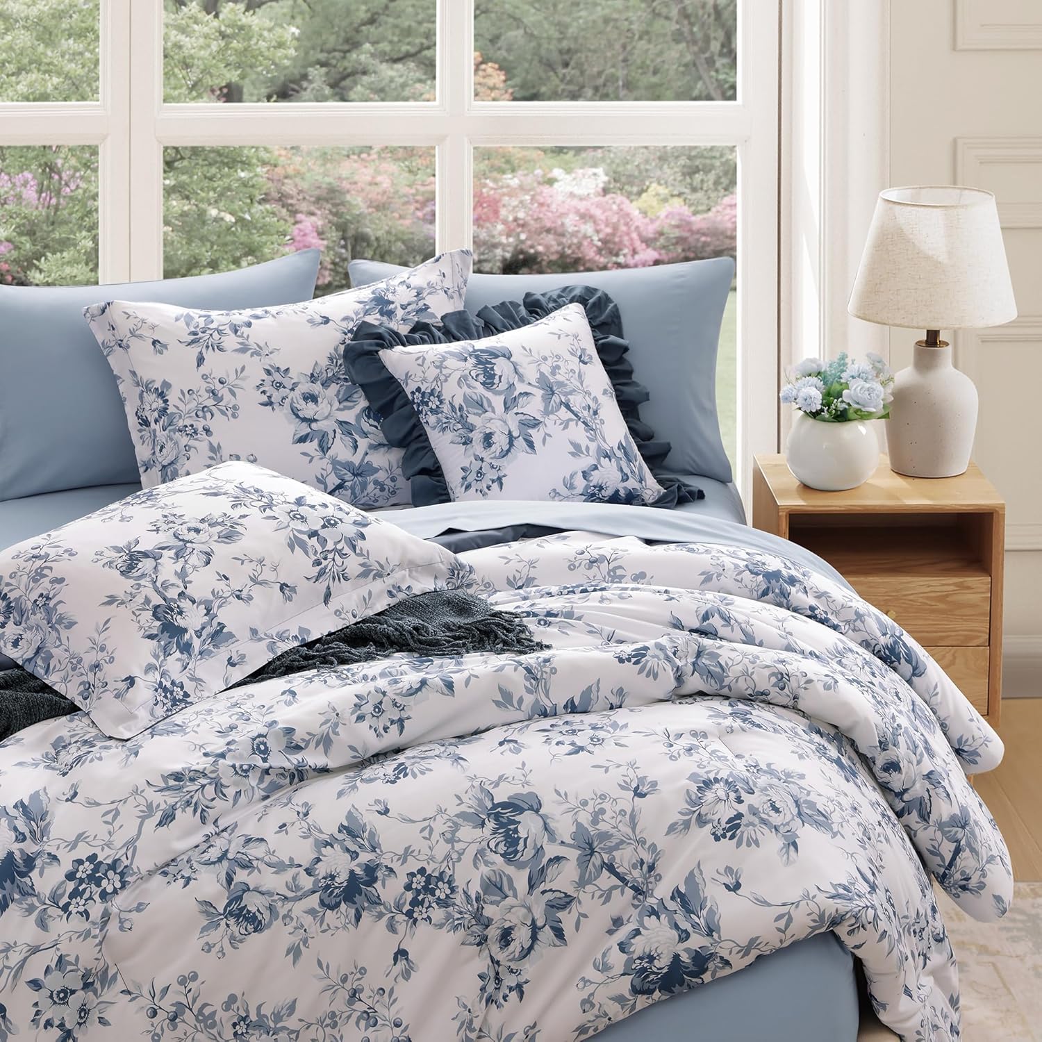 Full Comforter Set -7 Pieces Floral Blue Comforter Set for All Seasons, Bed in a Bag Full with Botanical Flowers Comforter, Sheets, Pillowcases & Shams - Image 3