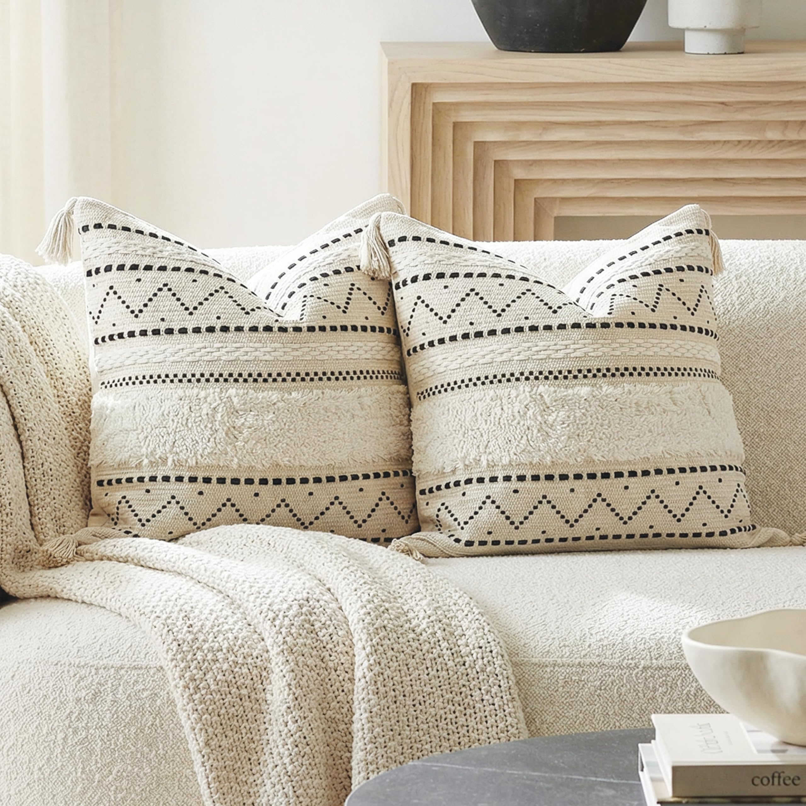 BlissBlush Decorative Throw Pillow Cover 18x18 Combo Set of 2 Square Boho Black Neutral Accent Pillowcase Tassels Farmhouse Cushion for Couch Sofa