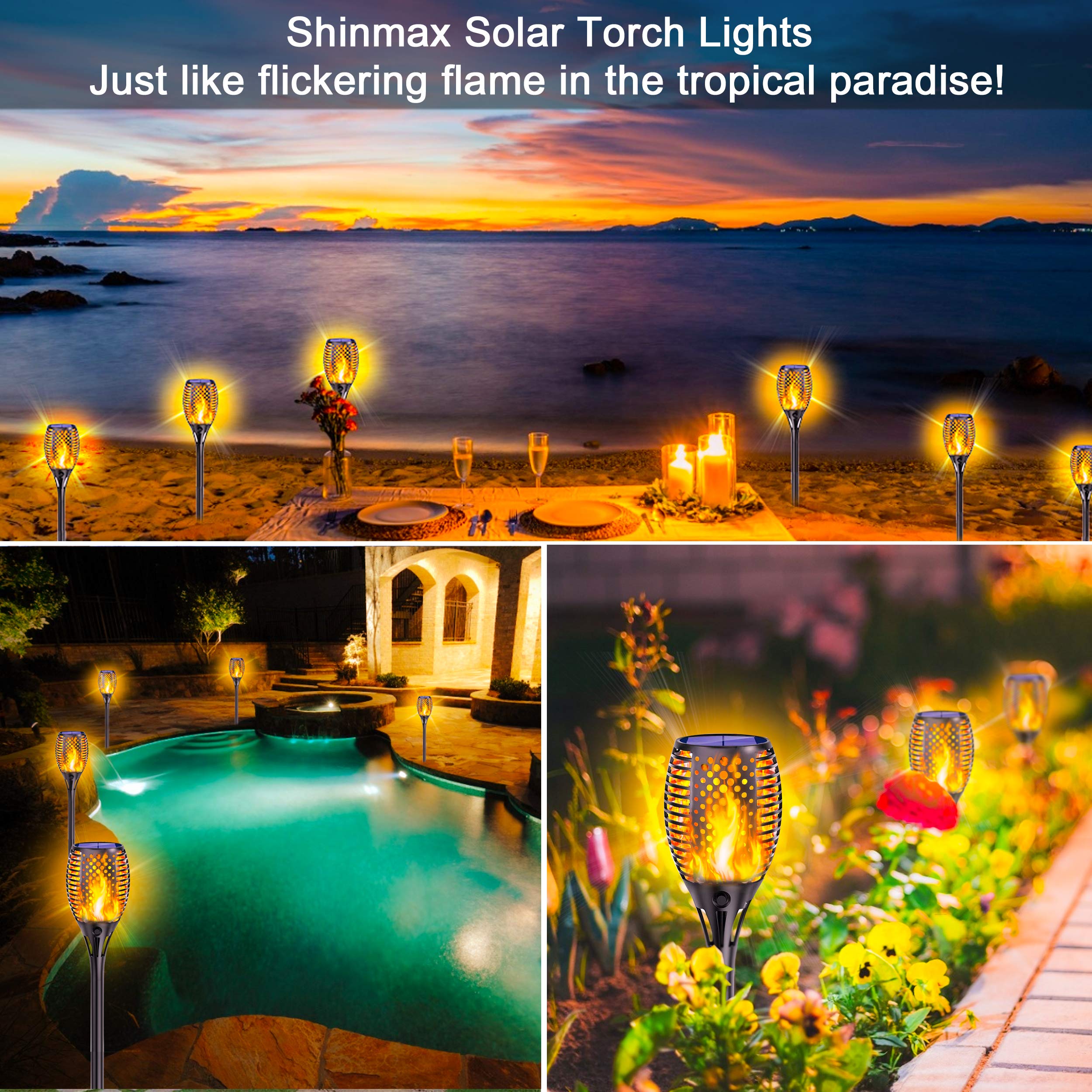 Shinmax Solarleuchte Solar Fackeln Solarlampen für Außen 33 LED Flamme Lampe IP65 Wasserdicht Solar Fackel Gartenlicht Solar Flammenlicht Auto EIN/Aus Deko für Garten Hof, Balkon, Korridor,Weg
