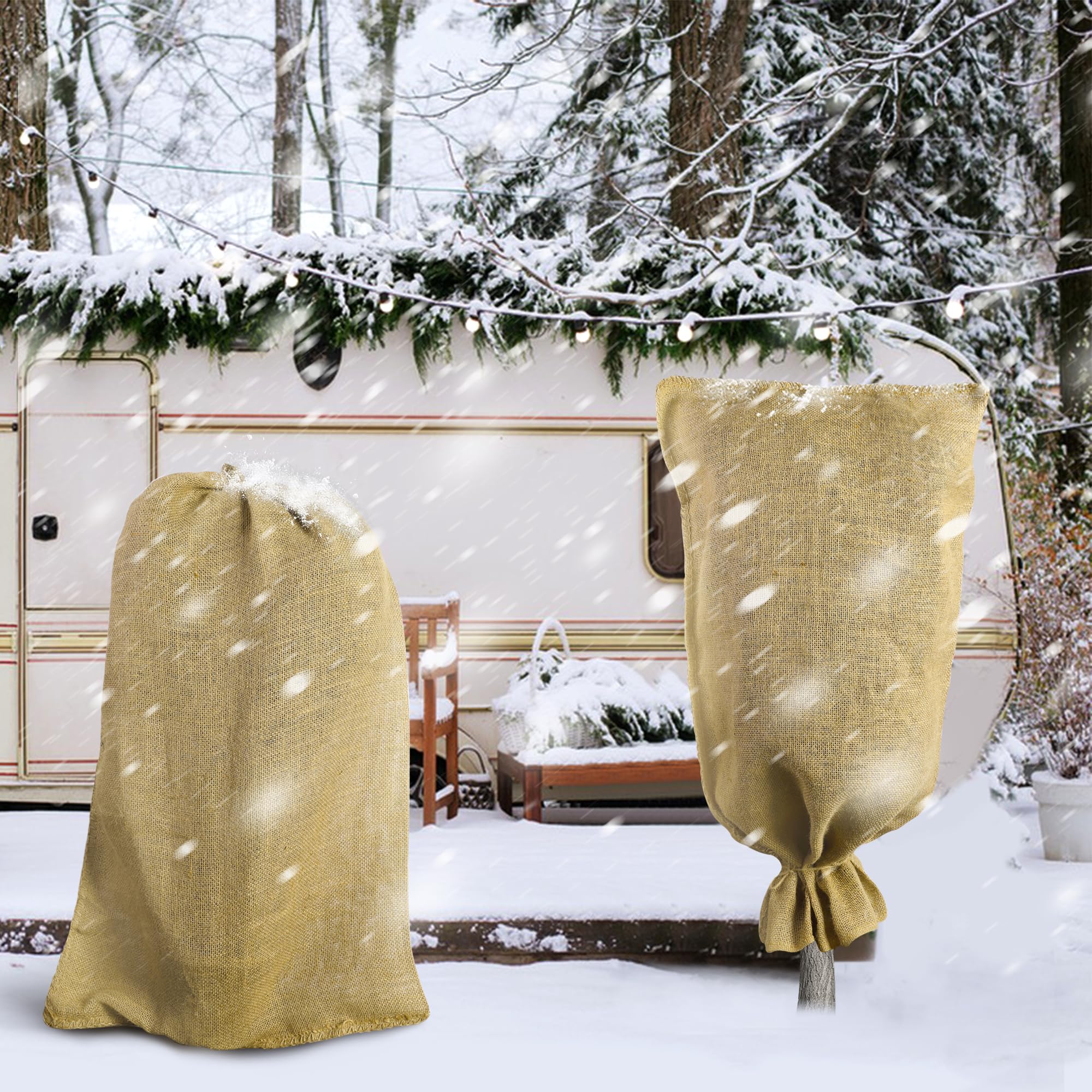 Sackleinen-Winter-Pflanzenabdeckbeutel, wiederverwendbar, Sackleinen, Frostschutz, warme Sackleinensäcke, Frostschutz, Pflanzensäcke, Frostdecken mit Bindfaden, für den Außenbereich, Garten, Bäume,