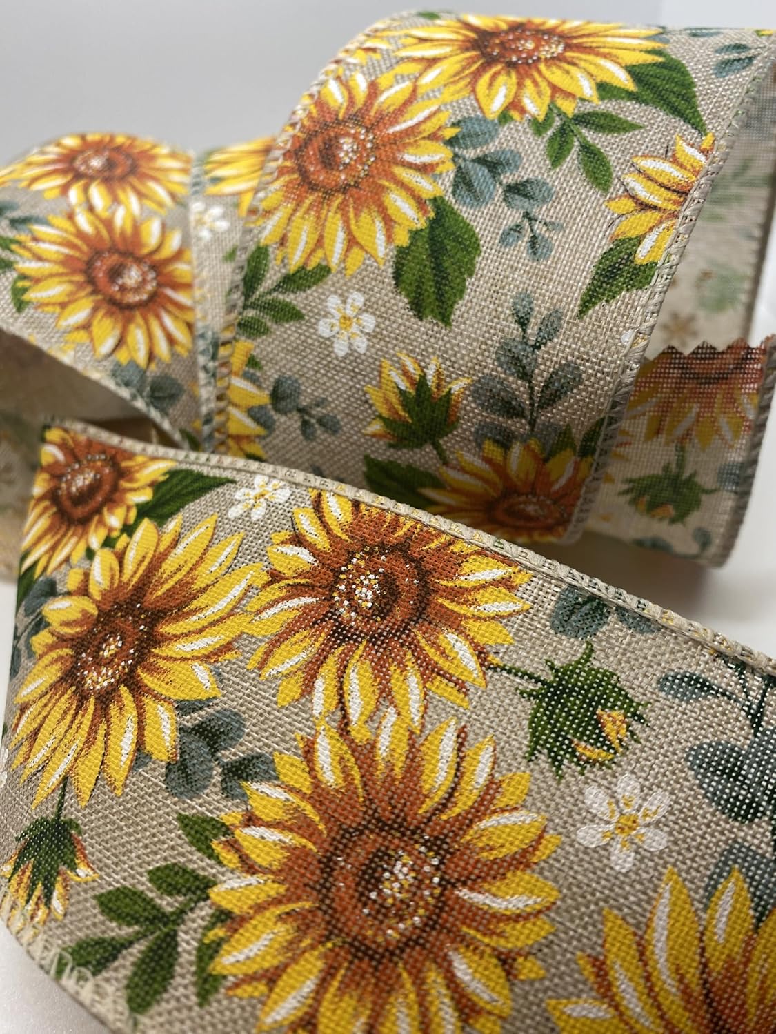 2.5 Inch Sunflower Floral Wired Edge Ribbon, 10 Yards. Polyester Spring/Summer Ribbon for Wreaths, Bows, Decor and Gift Wrapping.