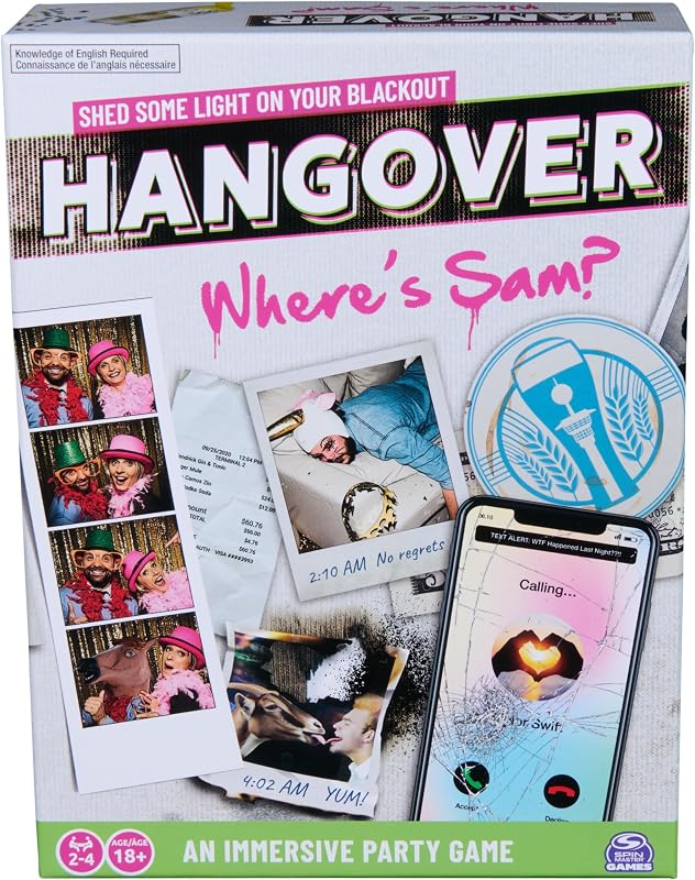 Spin Master Games Hangover: Where's Sam? Party Game | A Comedic Mystery Game for Adults, Retrace Your Steps to Find Your Missing Friend Sam, For 2-4 Players, Ages 18 & Up