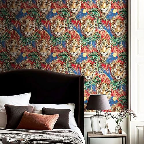Miniatura 9 de HueBurst Papel tapiz de animales para despegar y pegar, papel tapiz de tigre amarillo, papel tapiz de selva, papel tapiz vintage con hojas