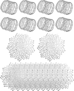 Pickmesh 8 Sets Christmas Dinner Placemats and Napkin Rings Pressed Vinyl Placemats Hollow Out Place Mats Round Mesh Napkin Rings for Wedding New Year Kitchen Table(Silver,Rotary Screen)