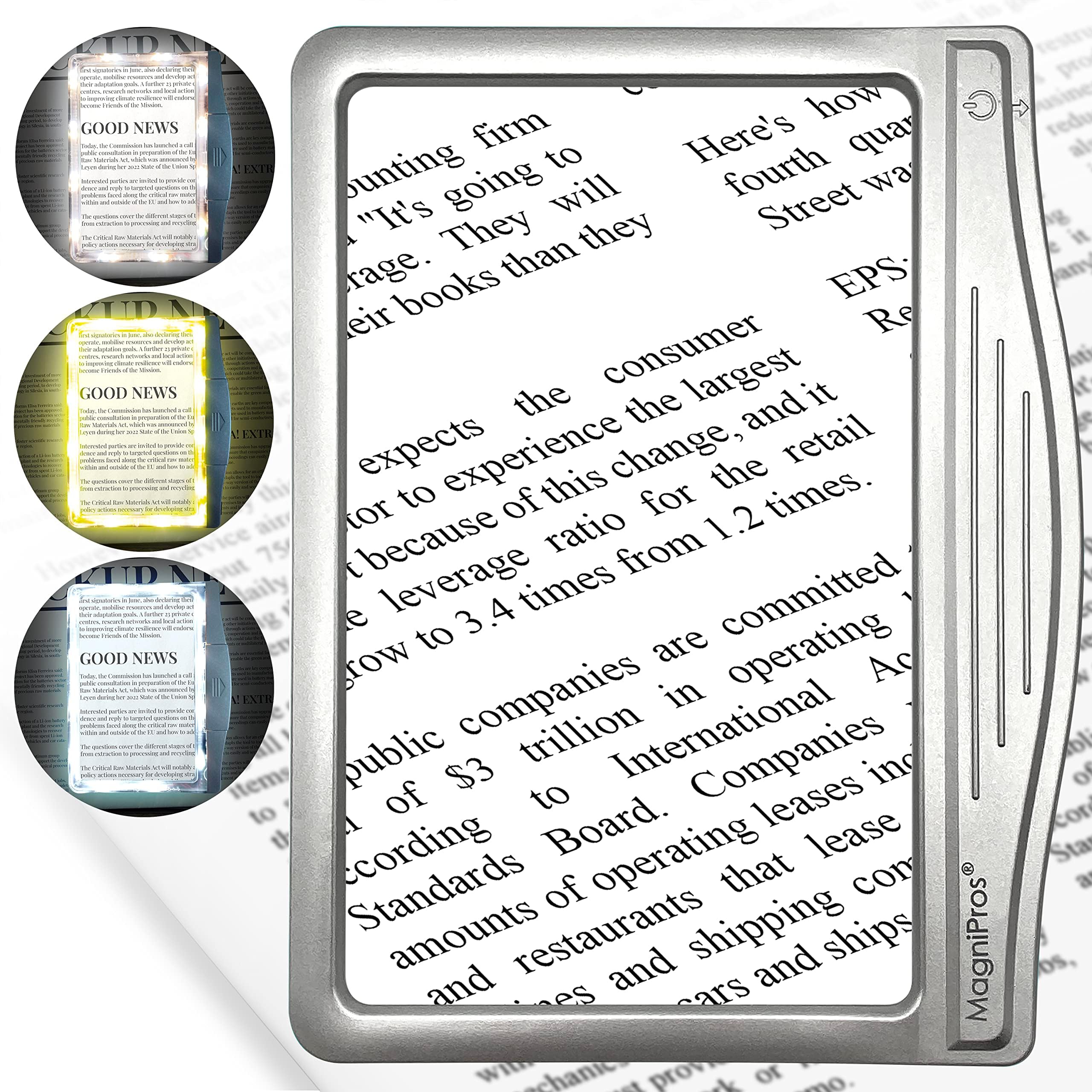 MagniPros See Things Differently 3X Large Ultra Bright LED Page Magnifier with 24 Anti-Glare & Dimmable LEDs(3 Lighting Modes to Relieve Eye Strain), Grey