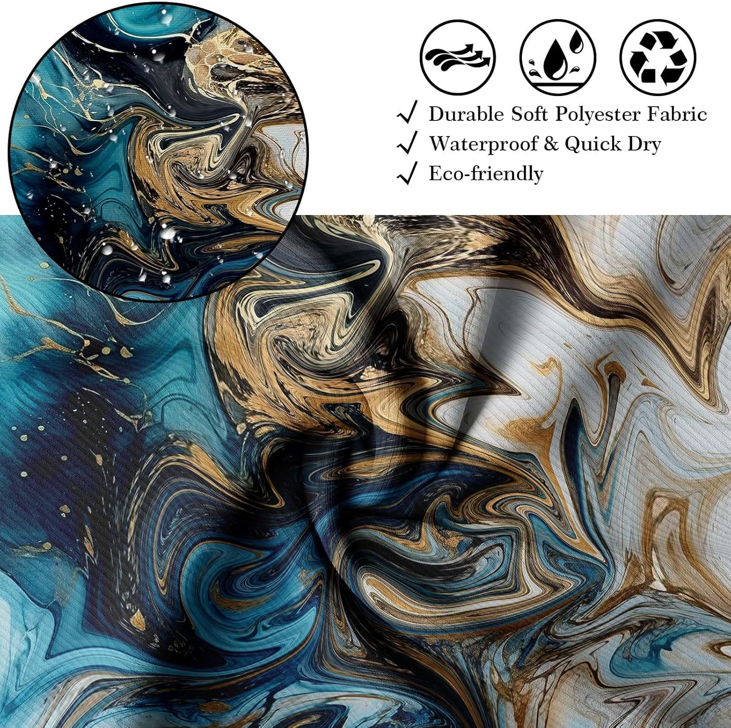 Teal and Gray Marble Shower Curtain Turquoise Aqua Gold Swirl Shower Curtains for Bathroom Decor, Waterproof Cloth Fabric with Hooks 70 X 72 Inch - Image 7