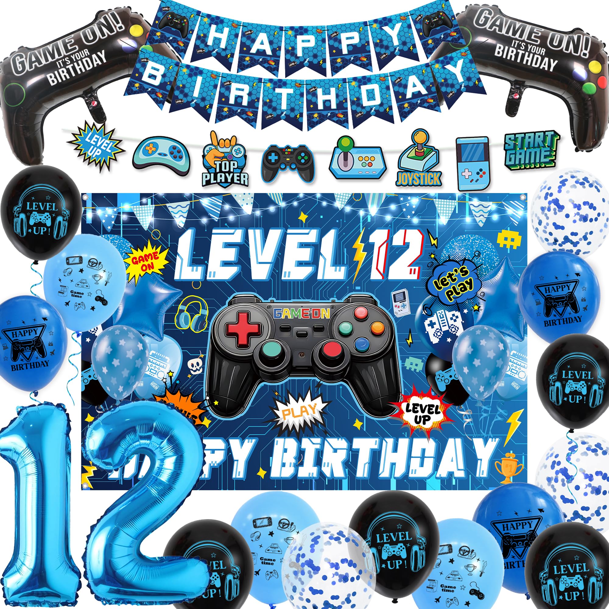 12th Birthday Decorations Banner Set - Blue Gaming Theme Balloons Kit with Hanging Swirls, Happy Birthday Backdrop Banners and Foil Balloons for Boys 12 Years Old Party Supplies