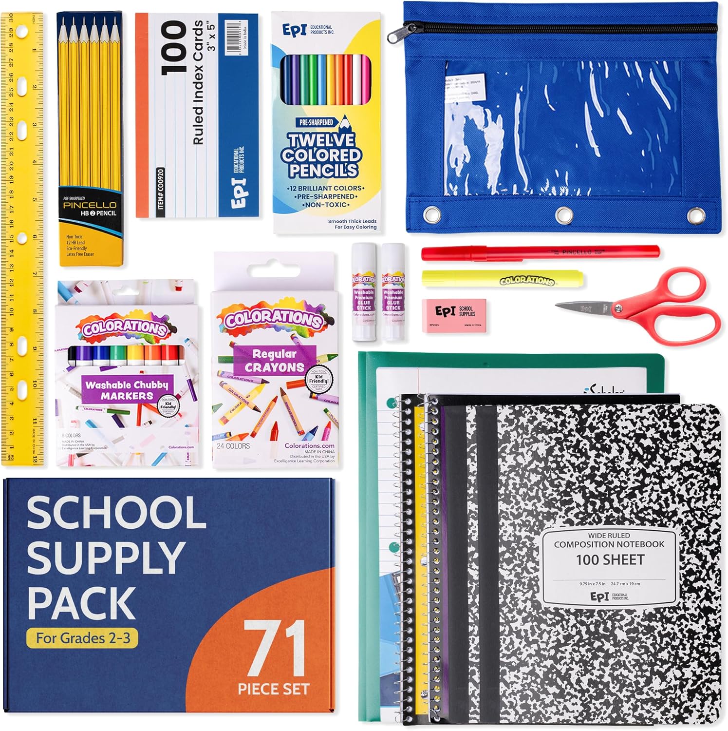 EPI Essentials Back to School Supplies for Kids 2nd & 3rd Grade – 71 Items in Kit – Elementary School Supply Packs – Wide-Ruled Bundle with Composition Notebooks – Suitable for Homeschooling