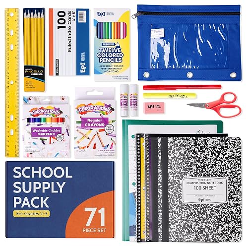 EPI Essentials Back to School Supplies for Kids 2nd & 3rd Grade – 71 Items in Kit – Elementary School Supply Packs – Wide-Ruled Bundle with Composition Notebooks – Suitable for Homeschooling