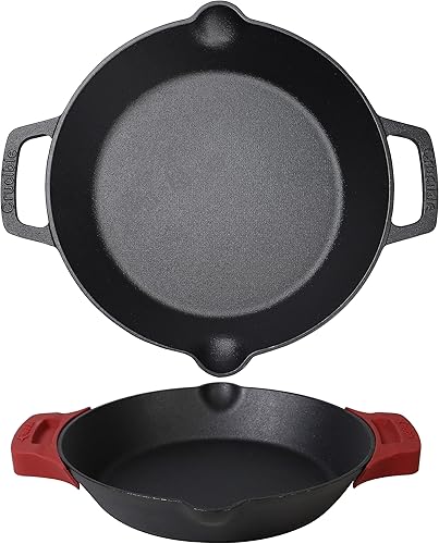 Sartén de hierro fundido  Sartenes con mango de doble bucle de 10.25 pulgadas + fundas de soporte de mango de silicona  Utensilios de cocina aptos