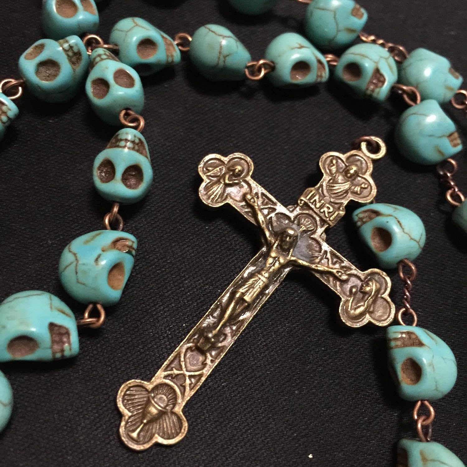 elegantmedical HANDMADE Catholic XL 10MM bule howlite skull beads Antiqued Rosary Bead Cross Bronze crucifix Necklace Catholic GIFTS - Image 6