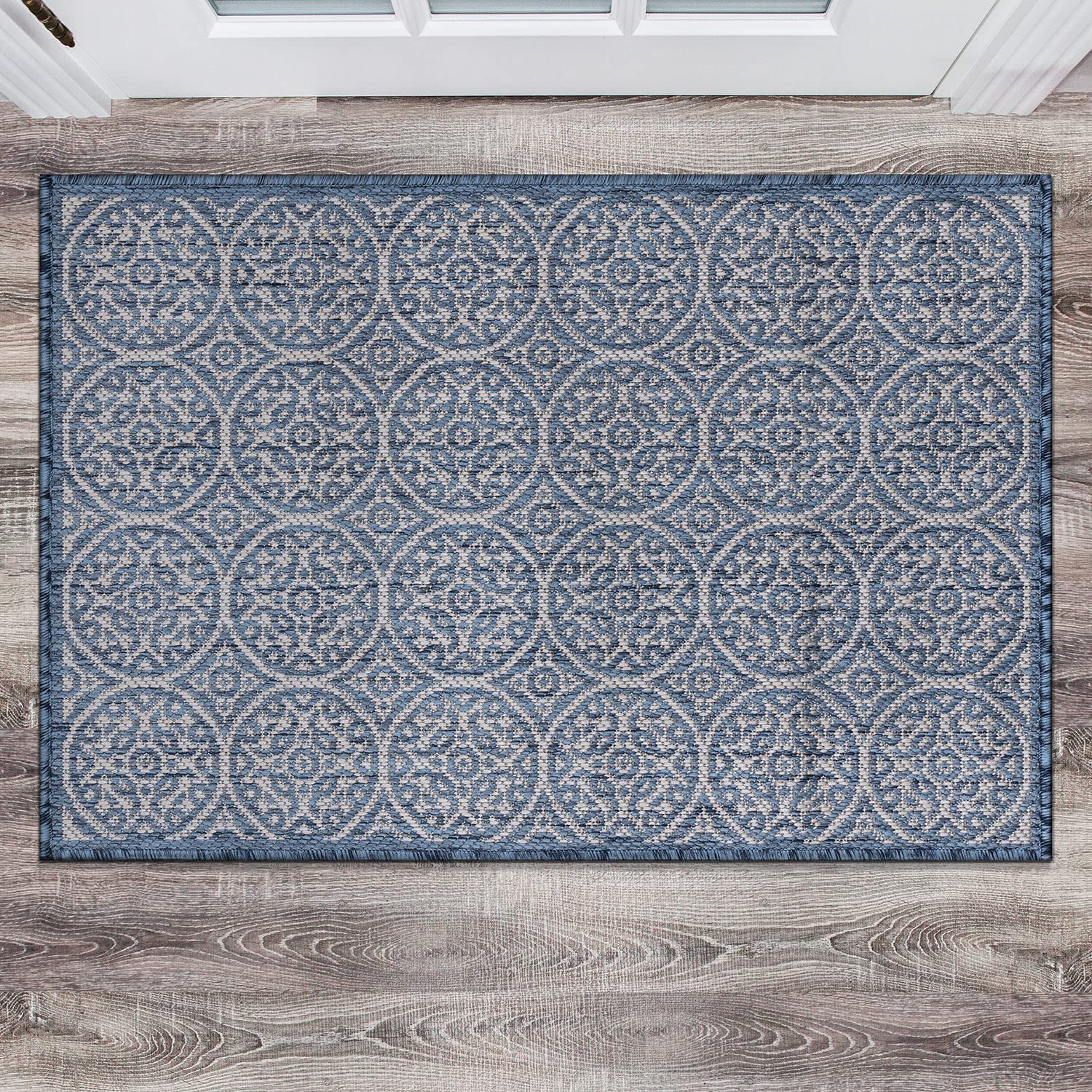 Rugshop Capri Transitional Floral Circles Textured Flat Weave Easy Cleaning Outdoor Rugs for Deck,Patio,Backyard Indoor/Outdoor Area Rug 2' x 3' Blue