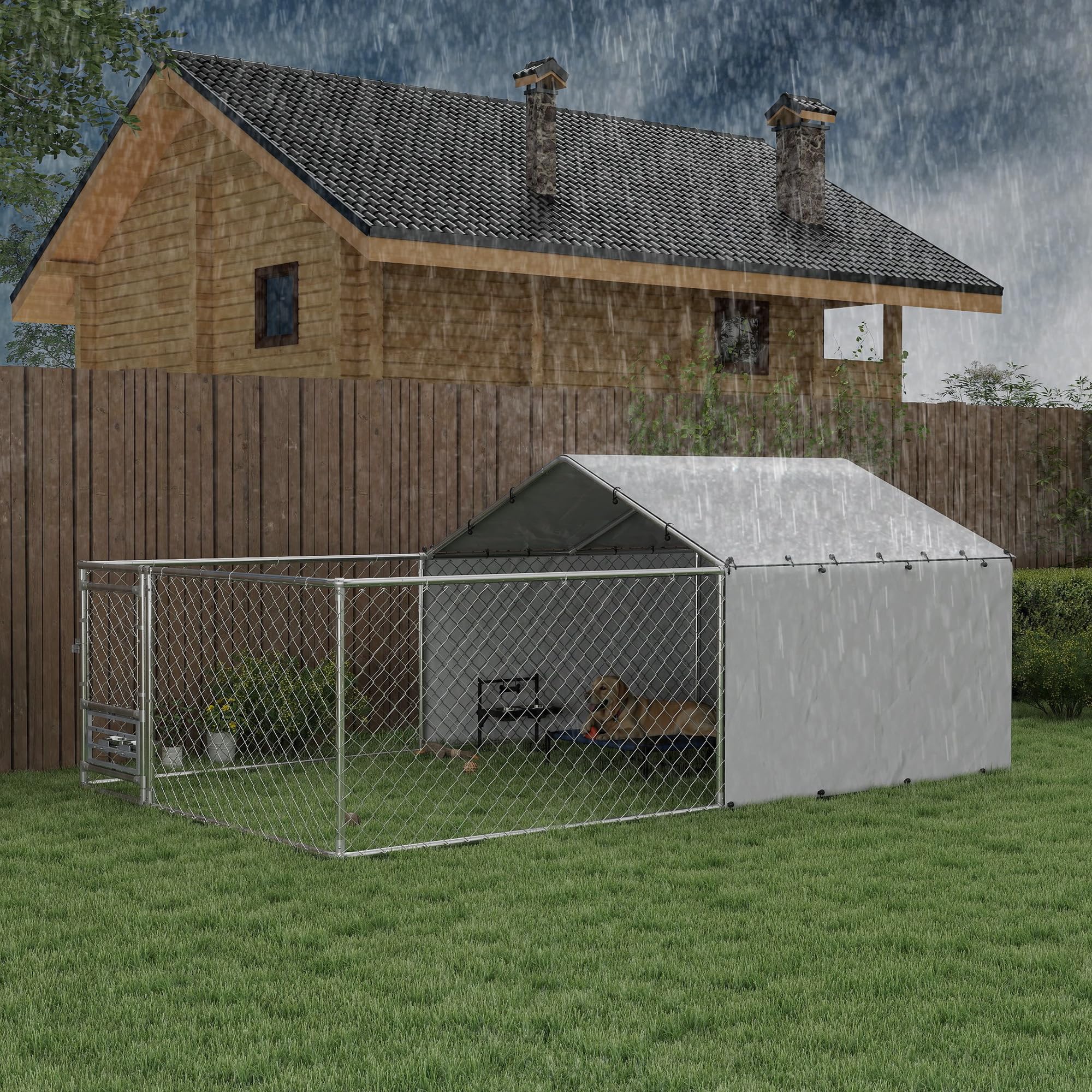 PawHut Kennel Clôture pour chiens d'extérieur avec toit anti-UV imperméable et bols rotatifs, boîte de rangement pour chiens de taille moyenne et grande avec porte avec verrouillage en acier, 400 x
