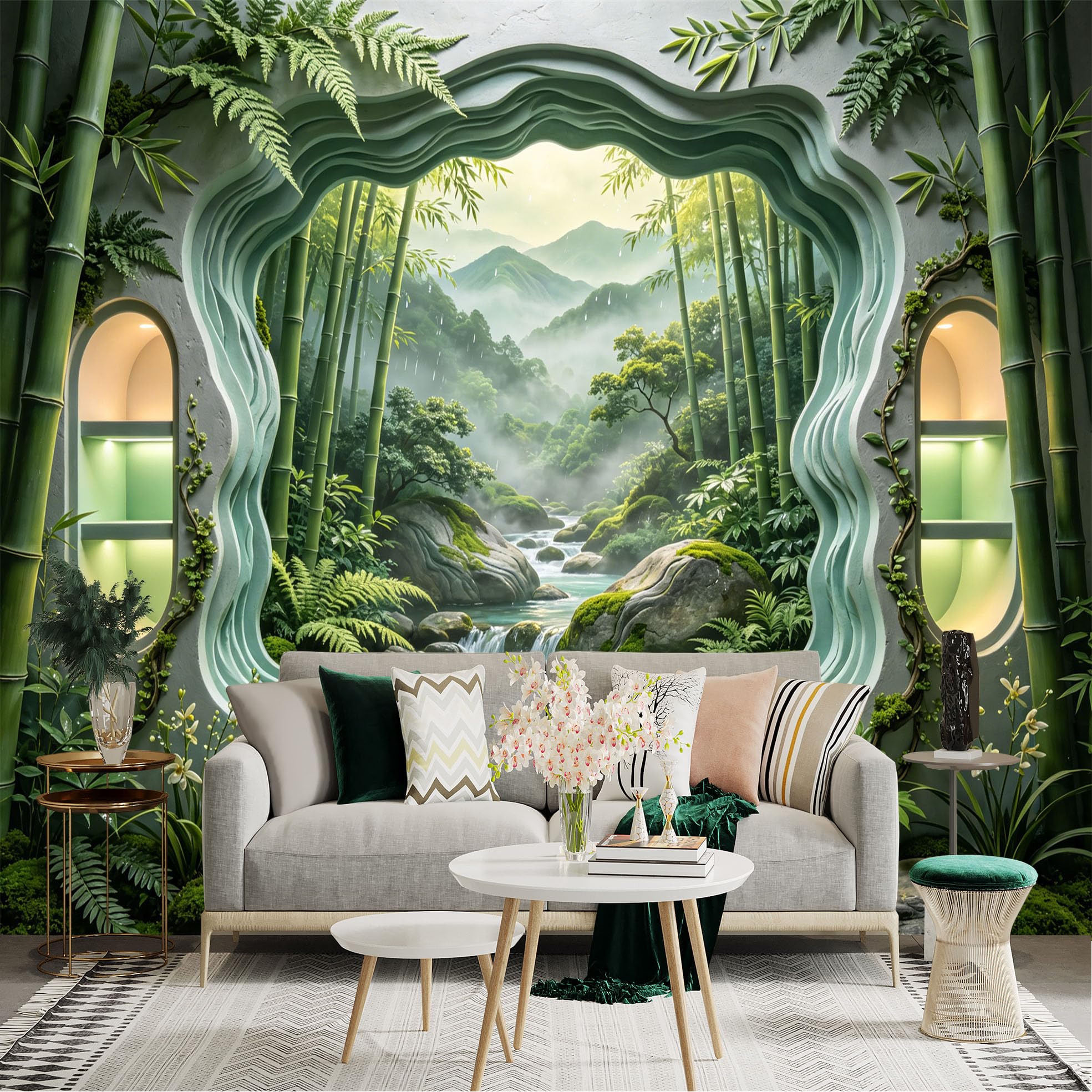 Custom Size Wall Sticker Mural， Bamboo Forest with Waterfall， Green Mountains and Stream， for wall Decoration， peelandstick wall Decals.