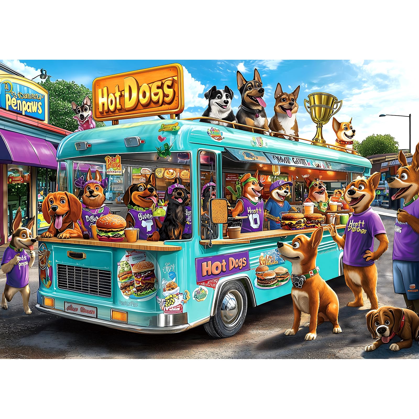 Blueforest 1000 Piece Jigsaw Puzzle for Adults: Cartoon Dogs Food Truck Adventure - Challenging & Fun Puzzle with Vibrant Art, Bonus Poster (27.5