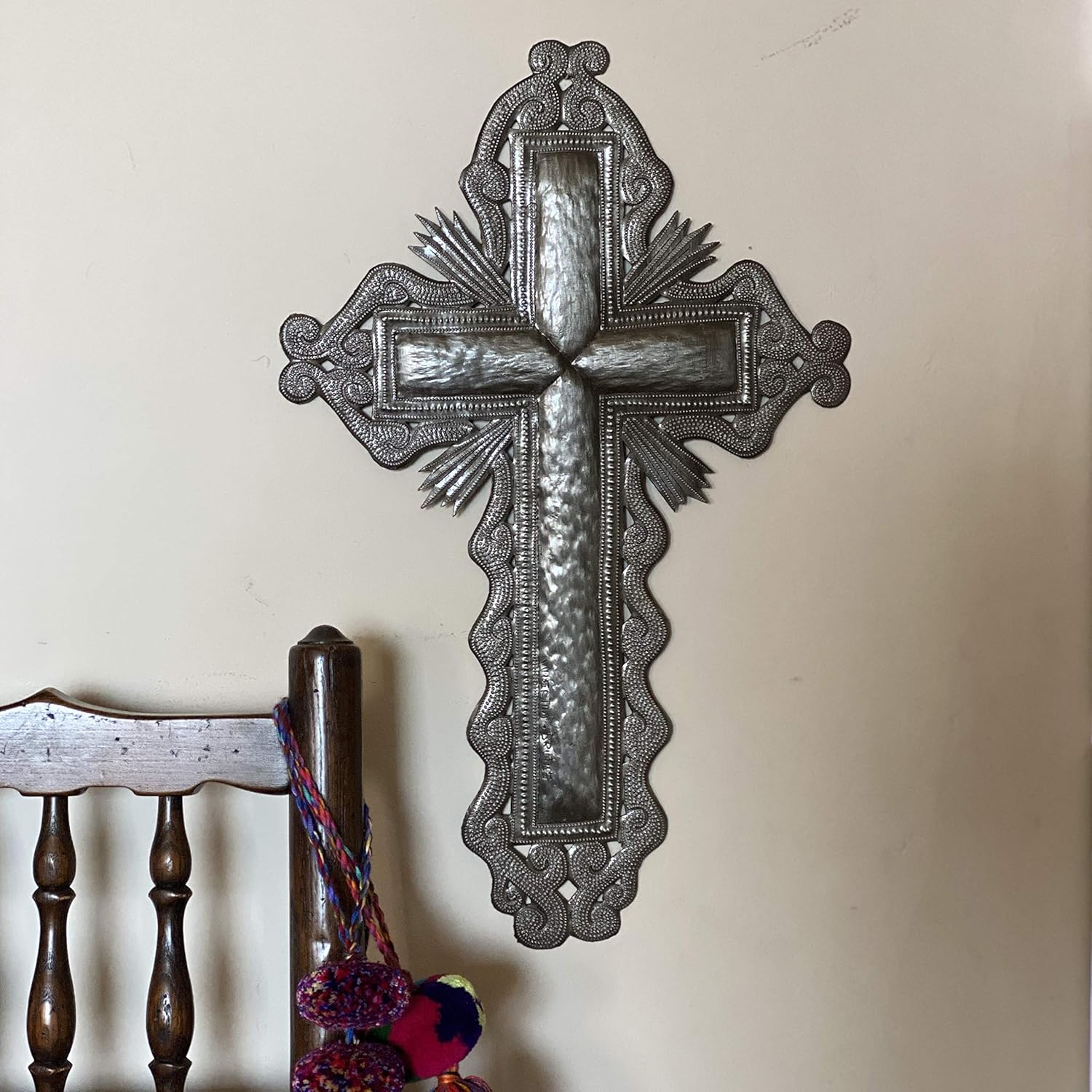 It's Cactus New Wall Cross, Religious Collection Gifts, Beautiful Handmade Metal Cross Sacrifice & Love, Authentic Upcycled Artwork from Haiti 11.5 x 18.25