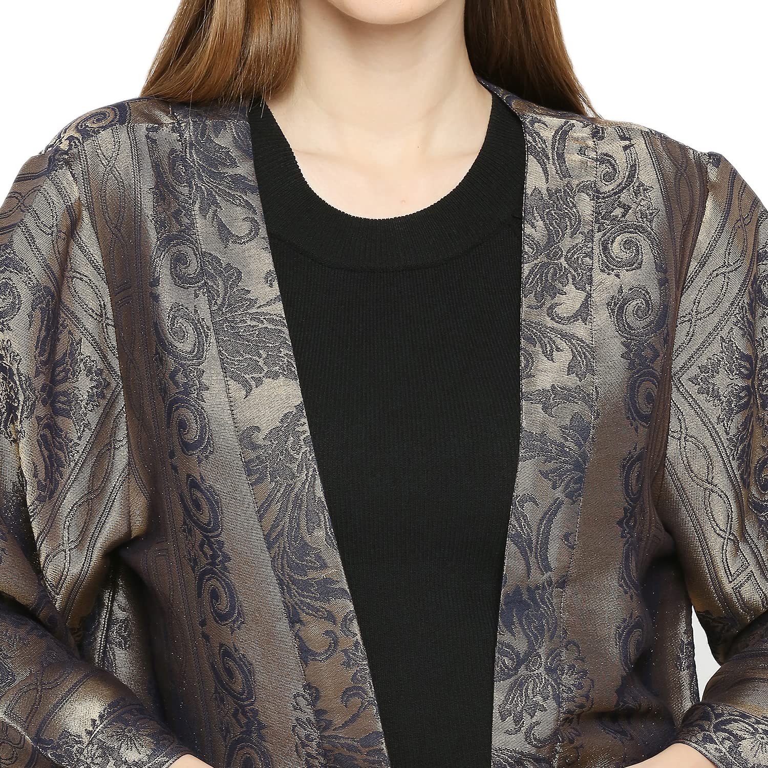 Diwali Sale Cloth Haus India Women'S || Brown Printed || Full Sleeves || Brocade Material || Kimono Jacket For Women