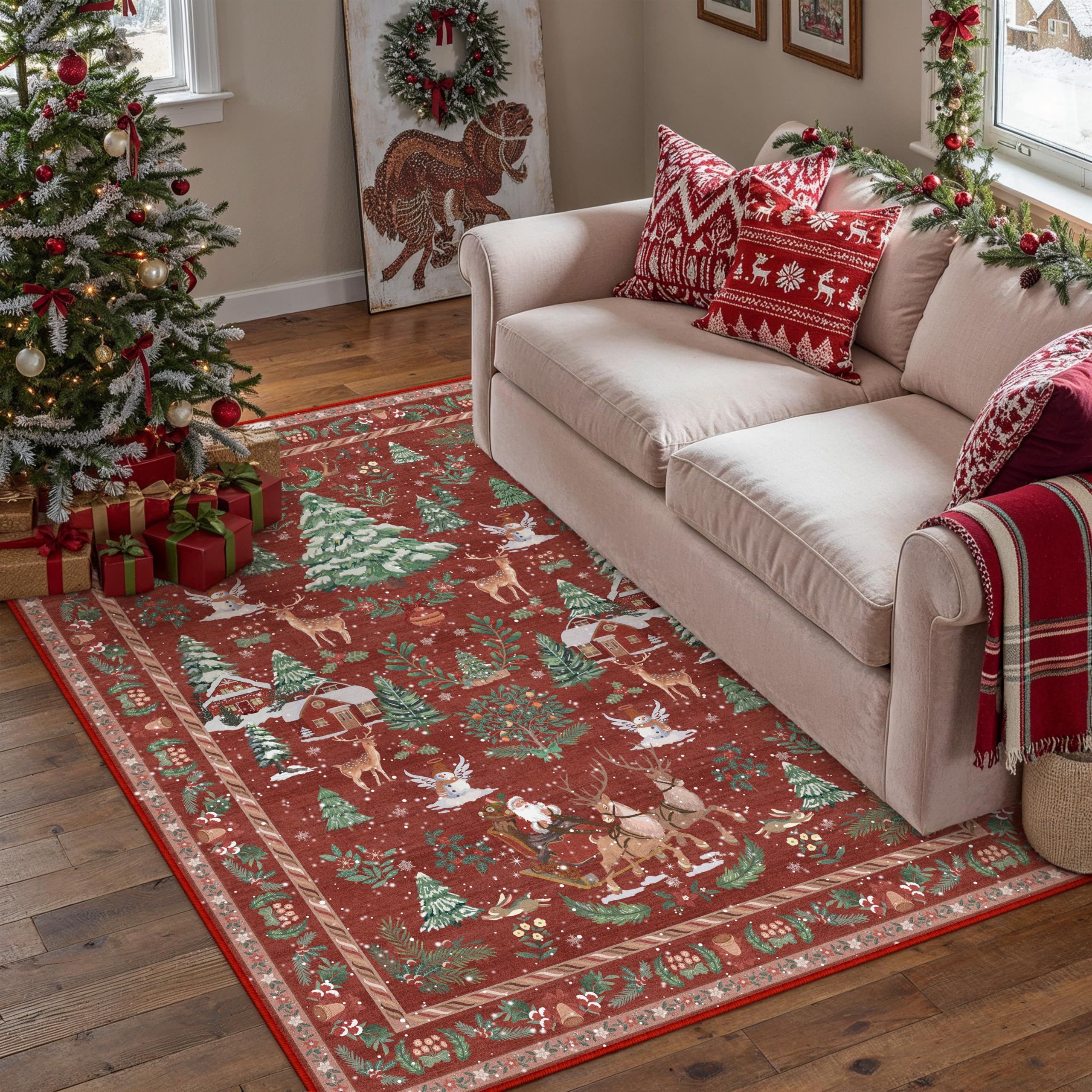 Amazon.com: WondRg Christmas 3x5 Red Area Rug Santa Xmas Tree