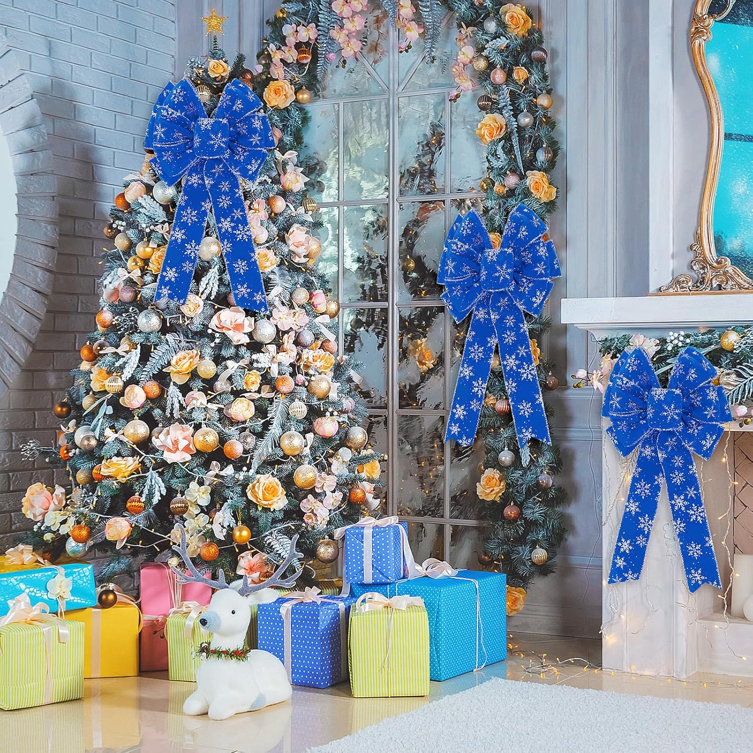 Unittype 6 Pcs Large Christmas Bow with Snowflake 10 x 20" Velvet Wired Ribbon Bows Christmas Tree Topper Bow Xmas Craft Bows for Wreath Xmas Party Indoor Outdoor Home Decoration(Velvet,Blue)
