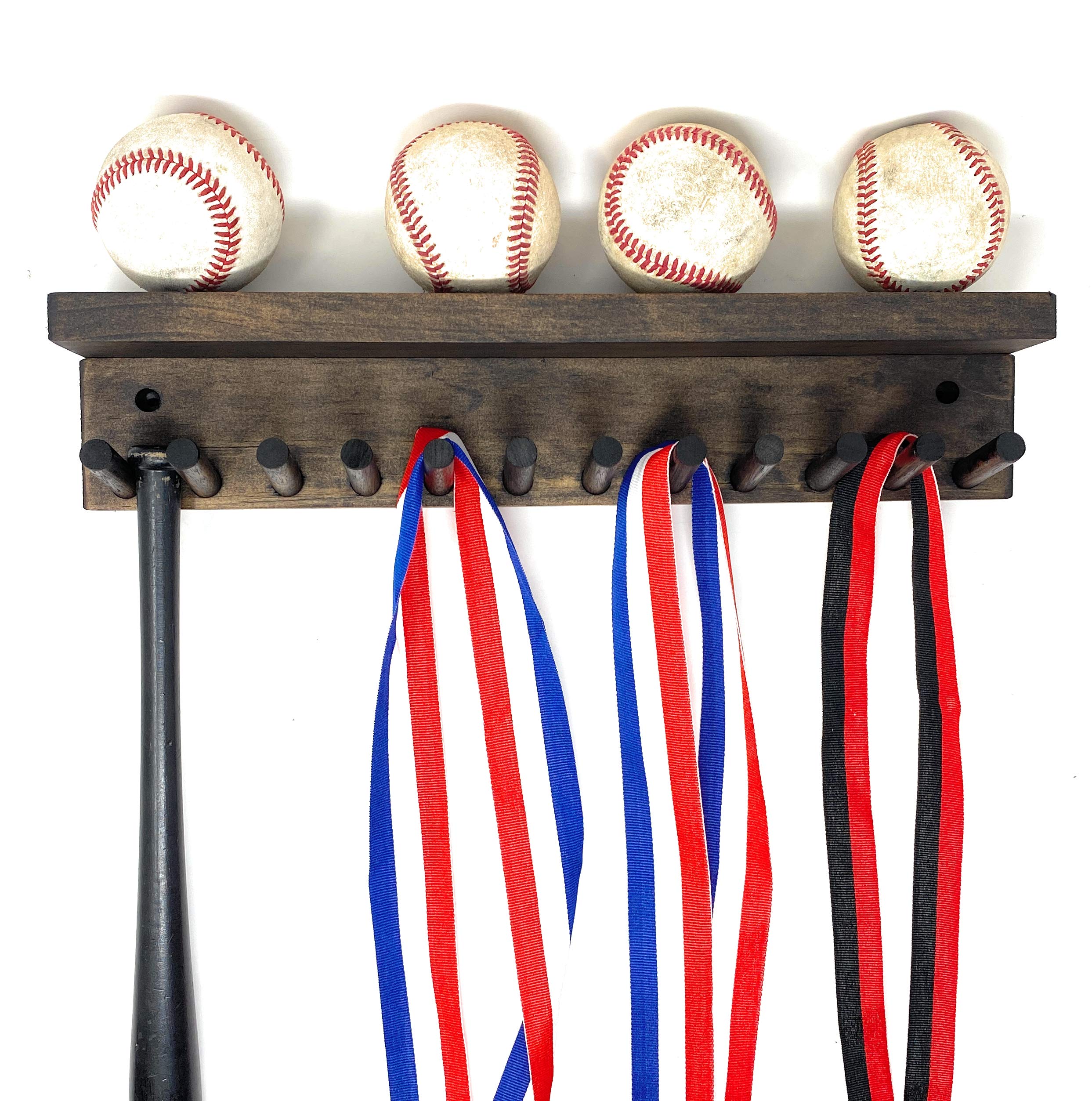 Award Medal Display Rack and Trophy Wall Shelf Medals Baseball Bat Rack and Ball Holder Display Natural Finish Meant to Hold up to 11 Mini Collectible Bats and 4 Baseballs