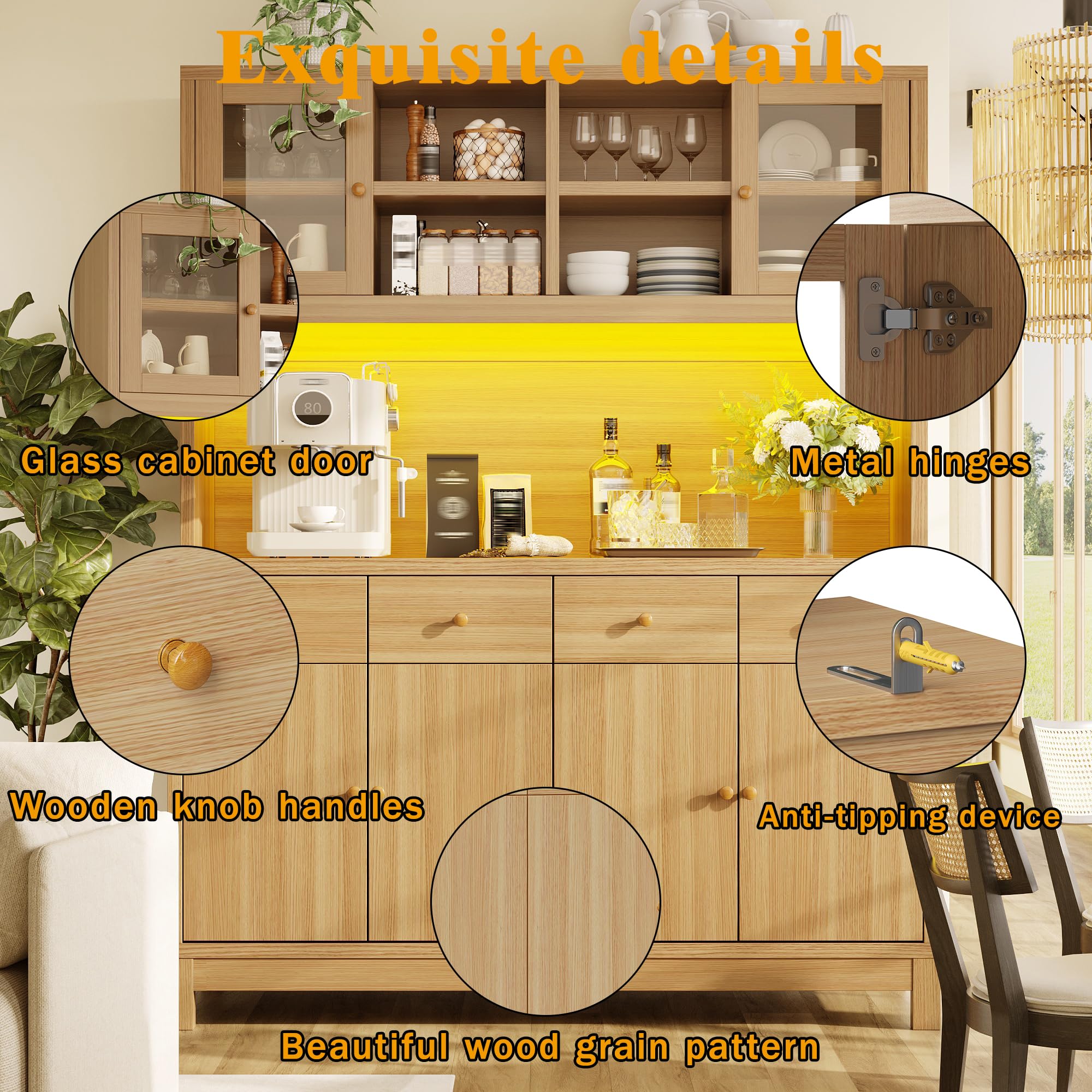 Credenza Cucina Alta con Luce LED, Mobiletto Soggiorno Ristorante
