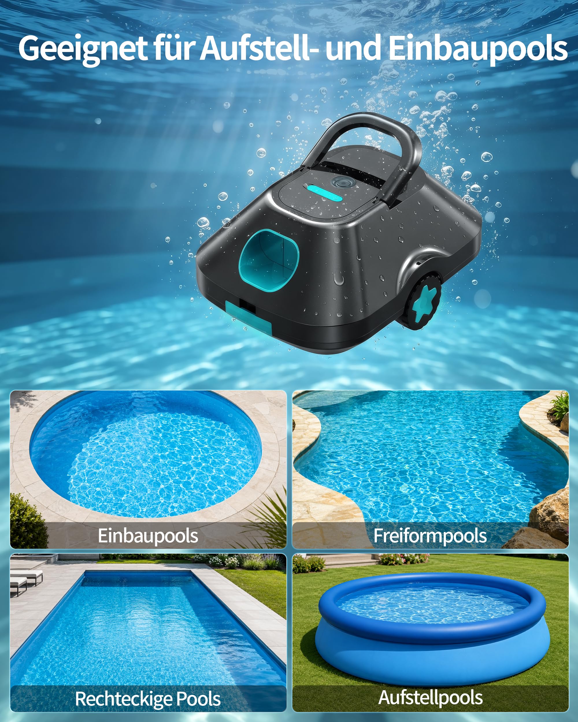 2026 Update Poolroboter,Pool Roboter kabellos Akku,Poolsauger für Aufstellpool,Bis zu 210 Min. Laufzeit,Auto-Parking,Großer,Poolsauger für Aufstellpool 200m²,Cyan