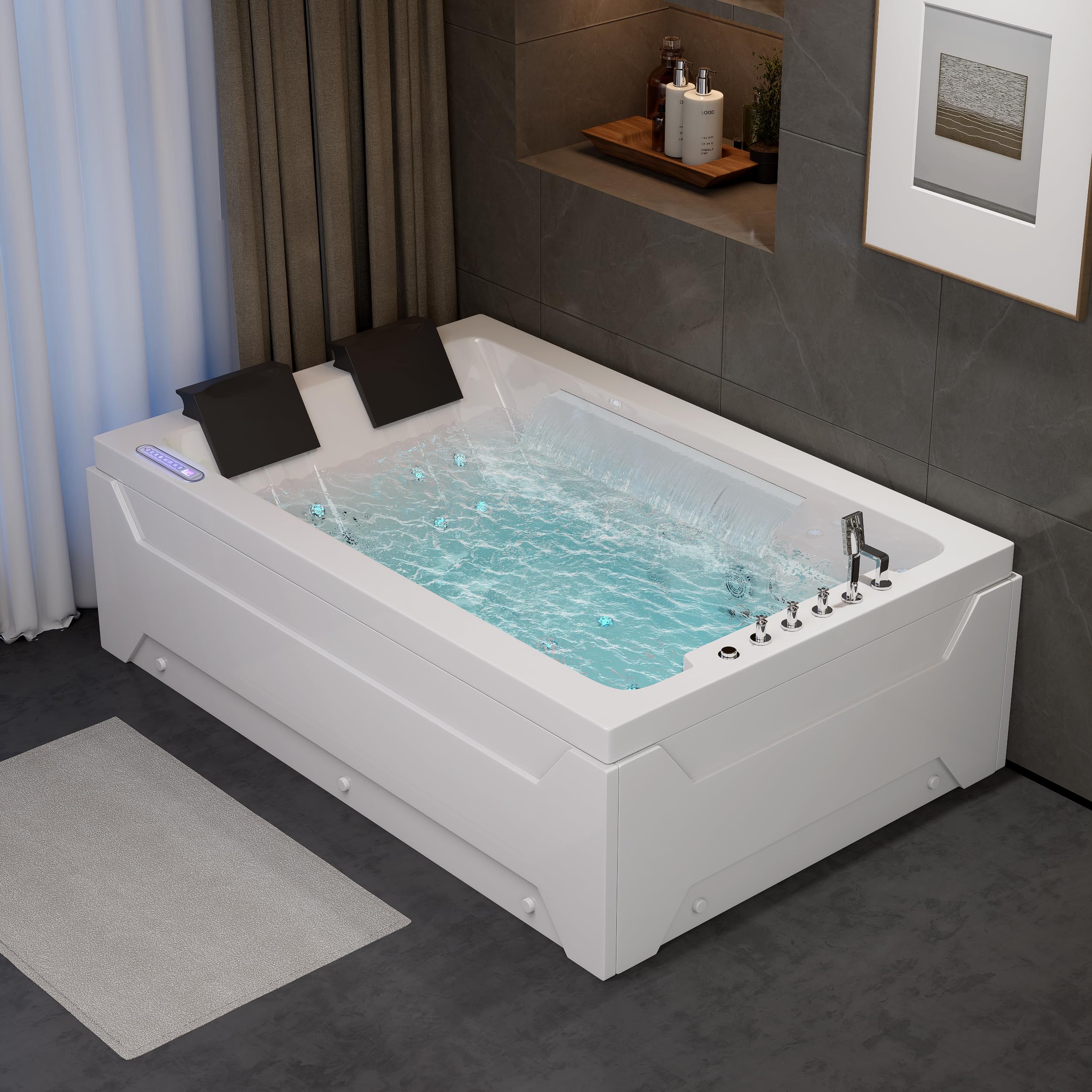 73'' Whirlpool Tub Water Massage Two Person Jetted Bathtub 3 Sided Apron Corner Whirlpool Tub with 22 Water Jets
