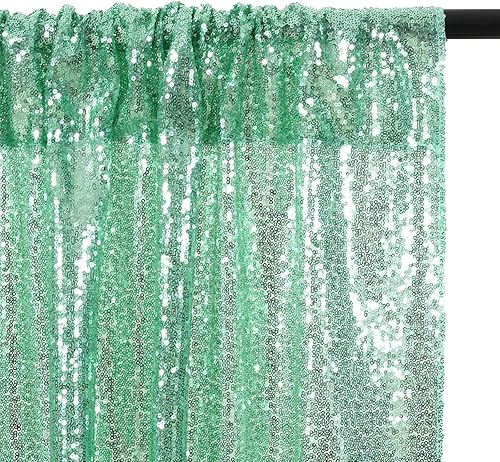 Miniatura 9 de Poise3EHome Cortina de telón de fondo de lentejuelas verde menta, 2 paneles, 2 x 8 pies, poliéster, para decoración de fiestas y bodas