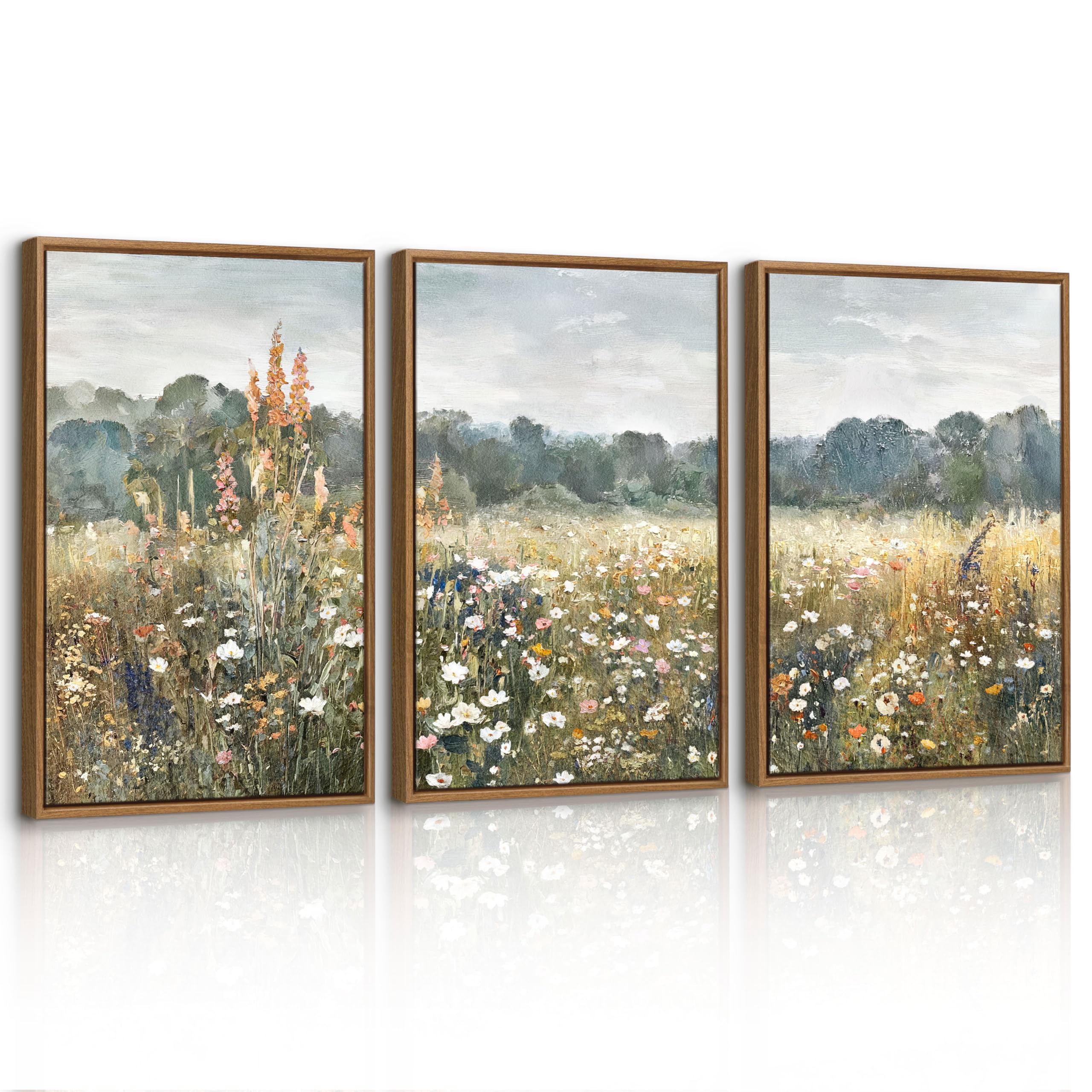 3 Pcs Vintage Wildflower Landscape Framed Canvas Wall Art Prints, Retro Fields Floral Wall Pictures Classic Nature Wilderness Farmhouse Canvas Painting Home Decor for Bedroom Living Room 40X60cmX3 Pcs — image 1