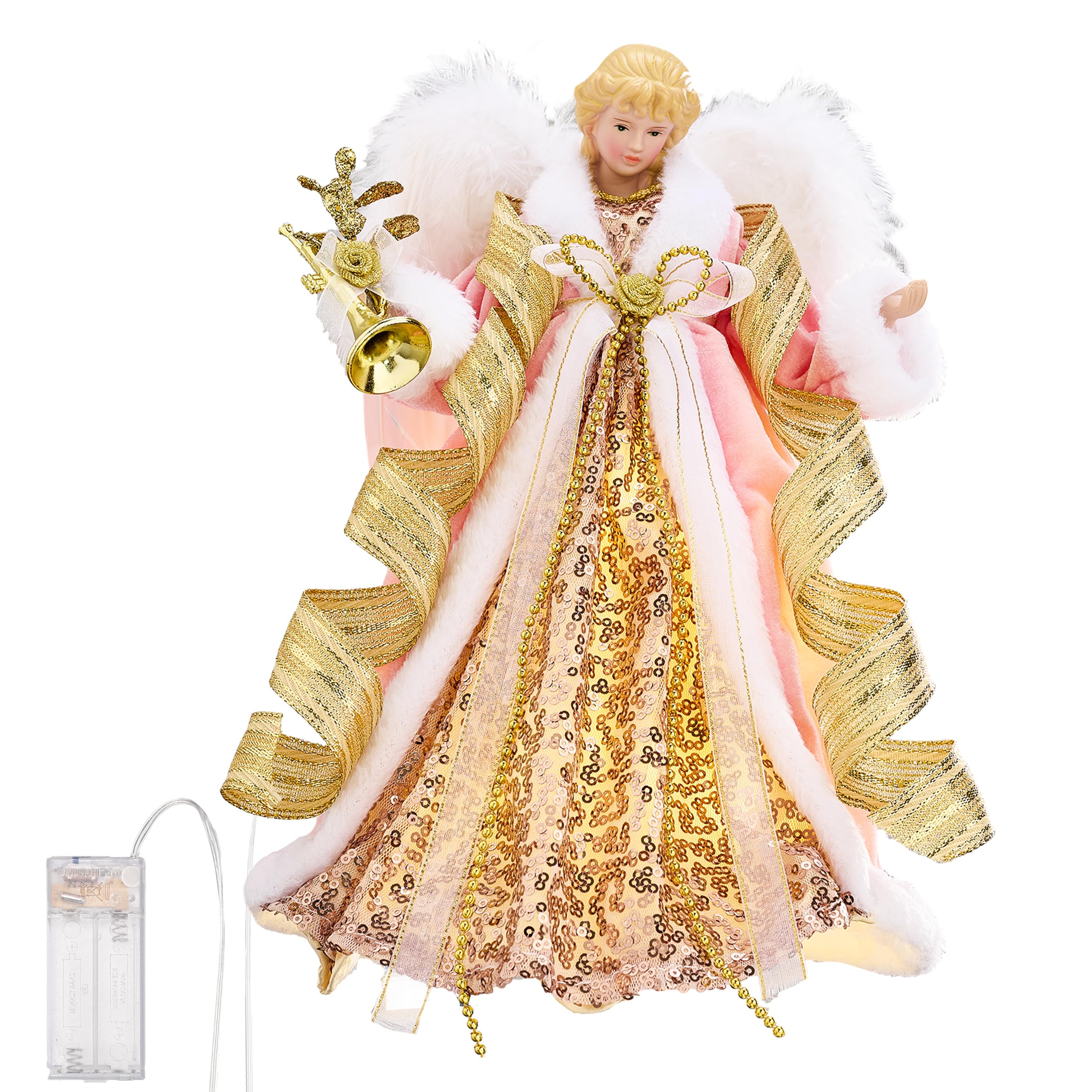Valery Madelyn Beleuchtete Weihnachtsbaumspitze Engel mit Timer, 30,5 cm, rosa-goldener Stoff, kleiner Engel, Baumspitze mit Lichtern für den Innenbereich, batteriebetrieben, Valentinstagsgeschenke