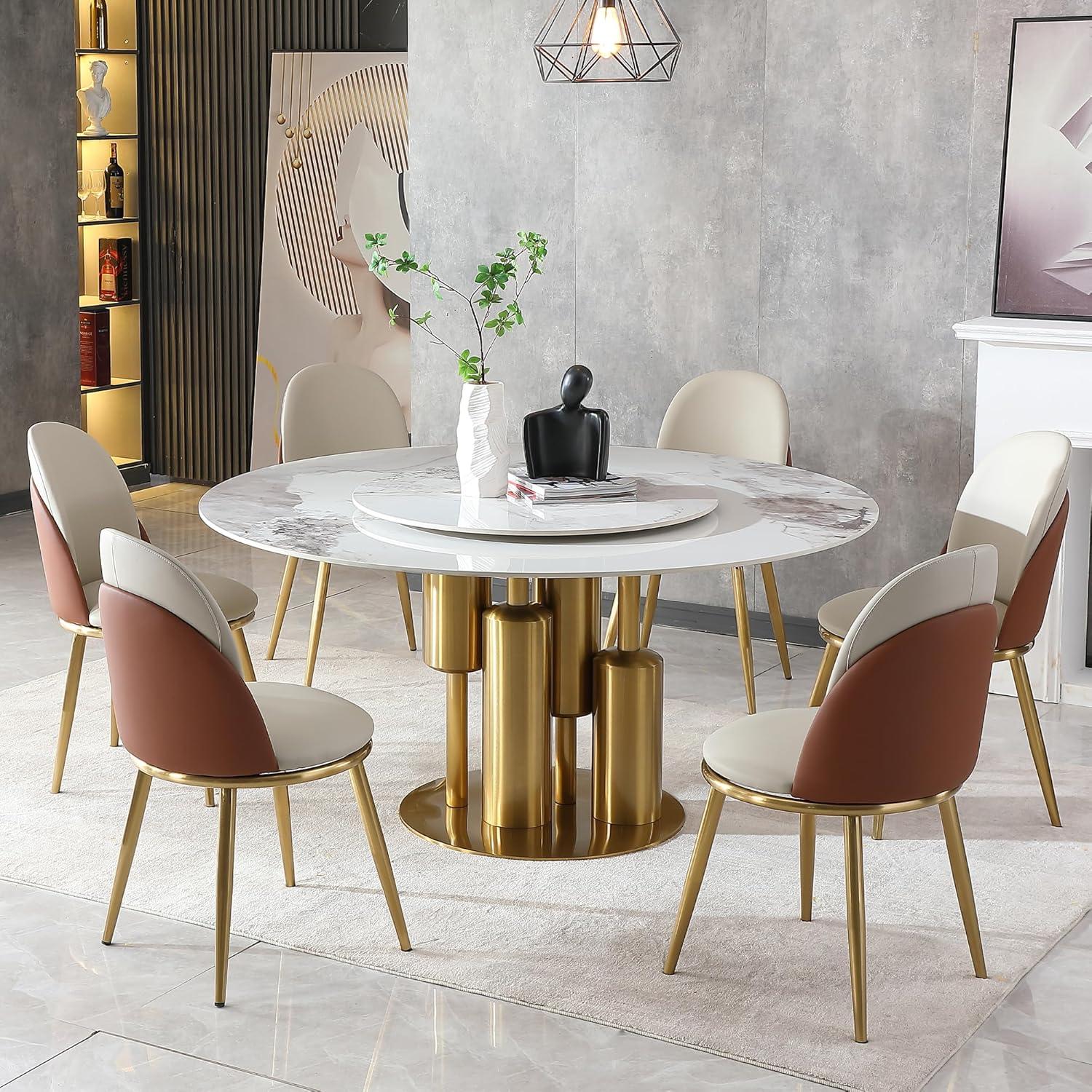 Wohh Round Marble Dining Table Set with 4 Chairs for 48