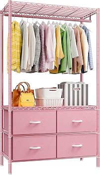Raybee Clothing Rack with 4 Drawers and Shelves, Heavy Duty Clothes Rack for Hanging Clothes,Portable Closet,Metal, Sturdy,Pink