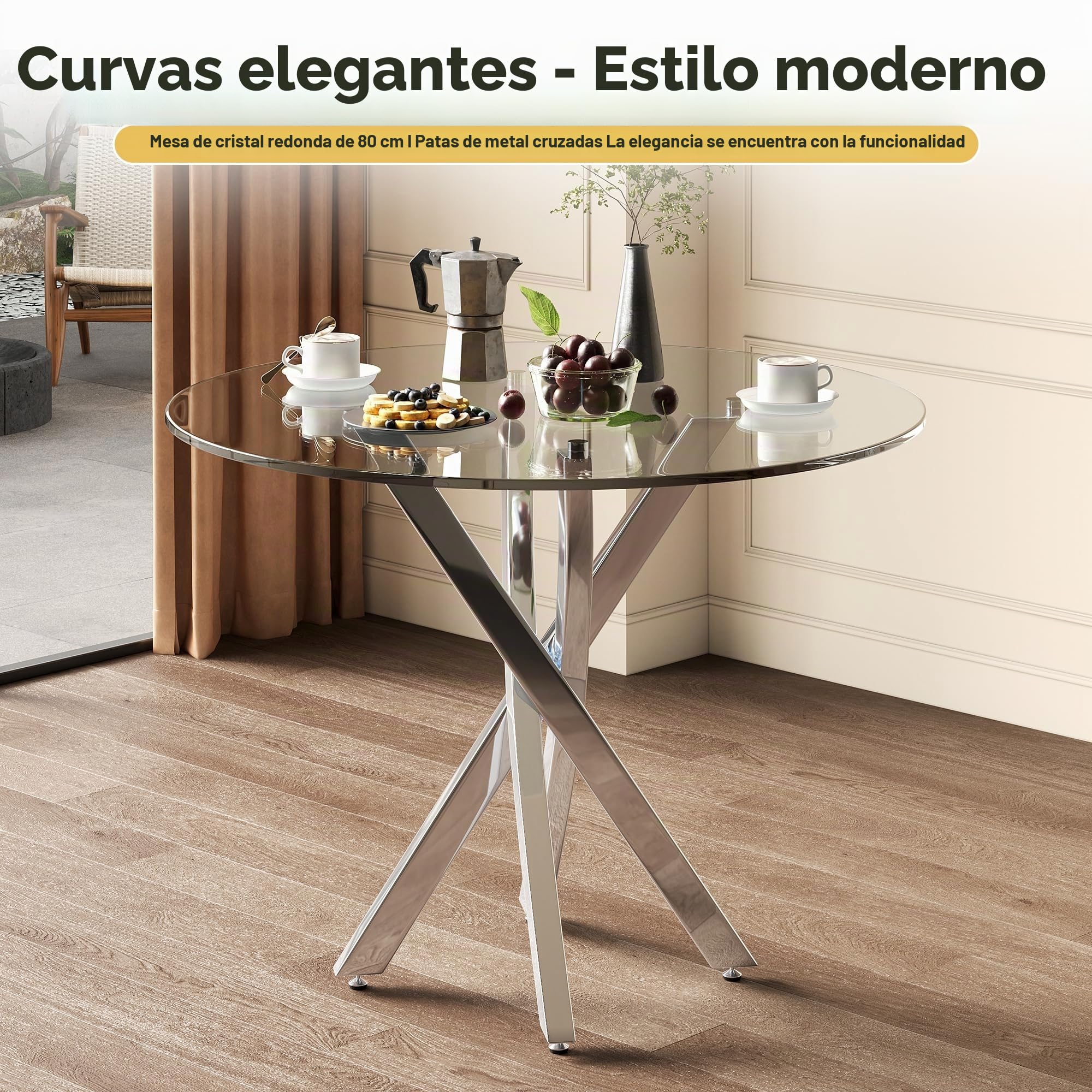 Mesa de comedor redonda de cristal de 80 cm, mesa transparente con patas de metal, mesa de comedor, cristal templado, mesa redonda para el hogar, comedor, sala de estar (redonda plateada)