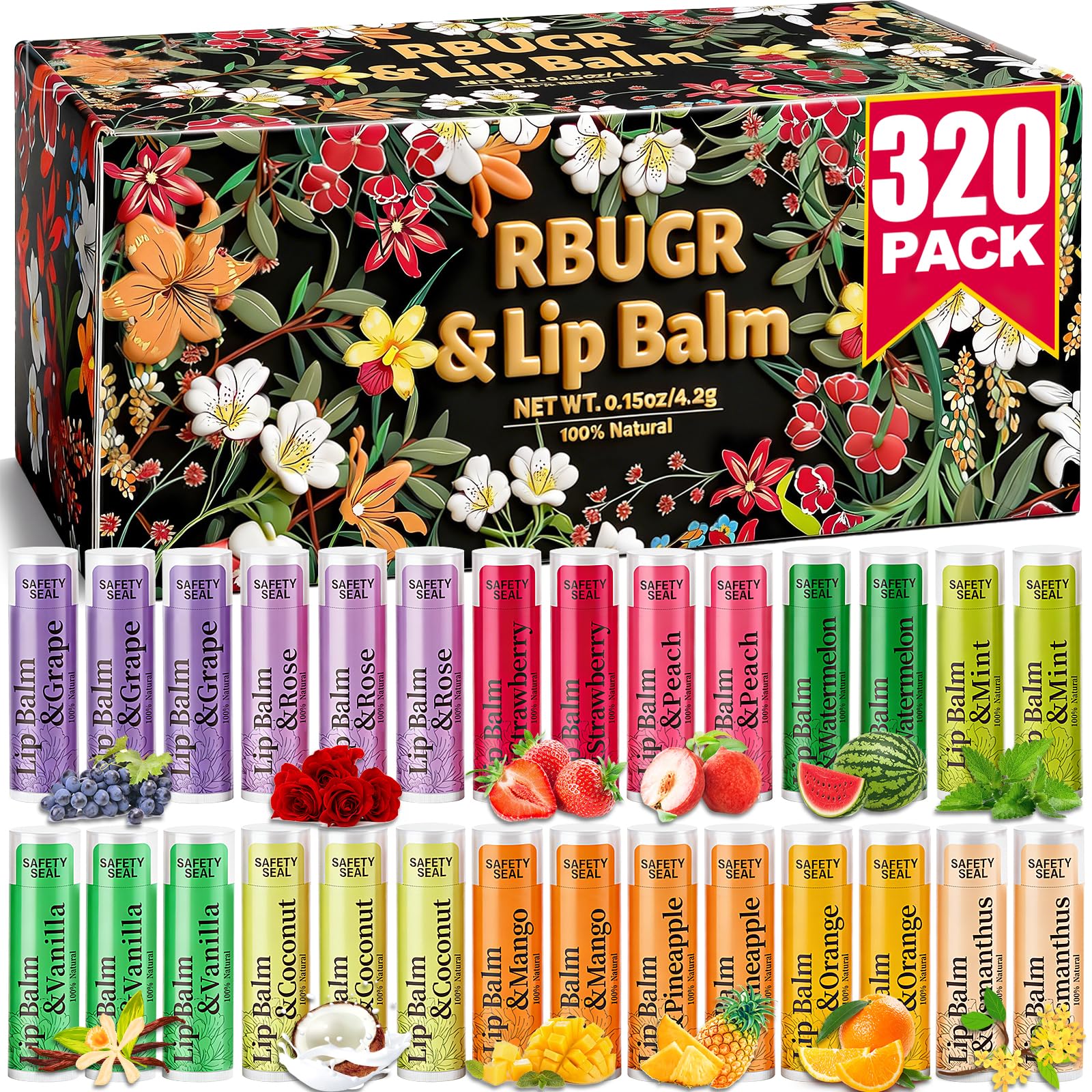 - 320 Pcs Lip Balm Bulk- Natural Moisturising Organic Set for Cracked Lips, 12-Flavored Professional Pack Bulk Gifts Valentine Party Favors (4.2g/0.15oz)