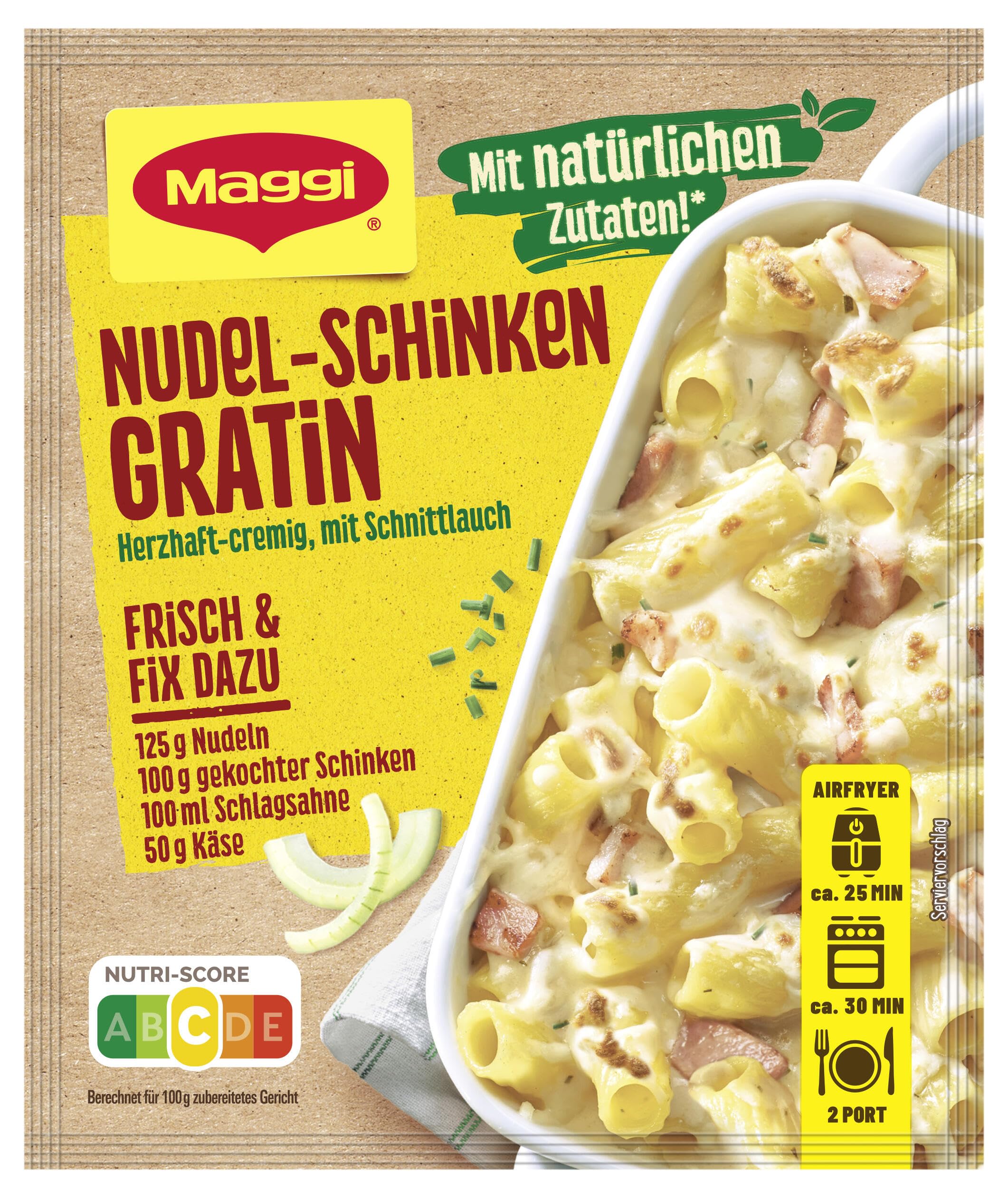 MAGGI Fix für Nudel-Schinken Gratin, überbackene Nudeln mit Schinken in Sahnesauce, 1er Pack (1x33g)