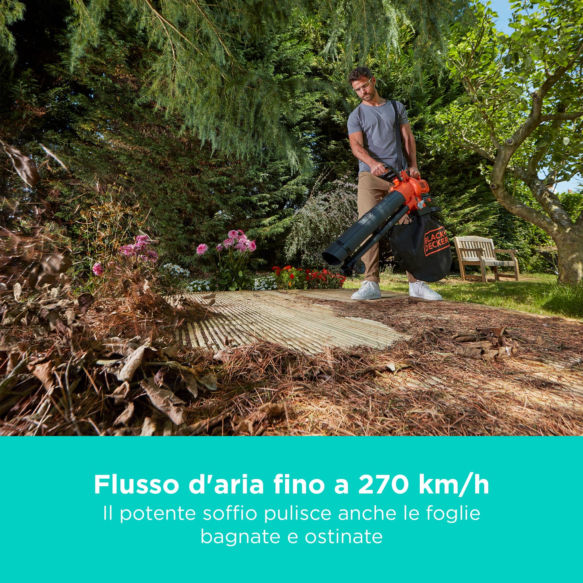 BLACK+DECKER Cordless 36v Soffiatore, aspiratore e trituratore per foglie, con sacco di raccolta da 45 litri e batteria al litio da 2,5 Ah, BCBLV3625L1-QW