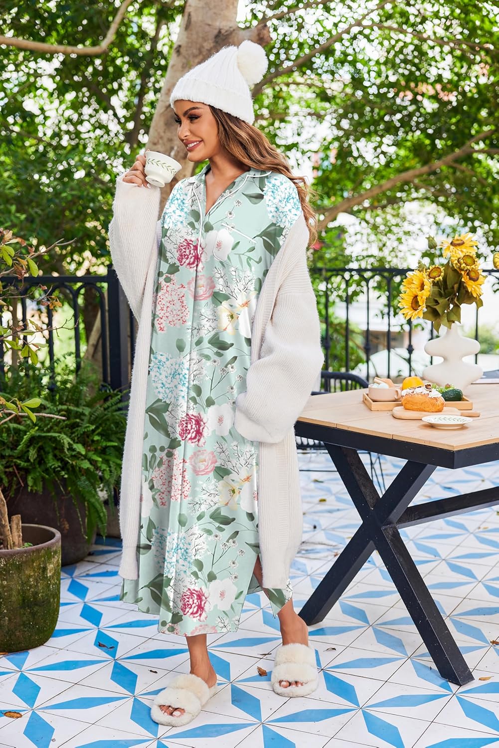 Ekouaer Nightgowns for Women Long Sleeves Nightgown Soft Sleepwear Button V Neck Sleepshirt Long Nightgown S-XXL - Image 5